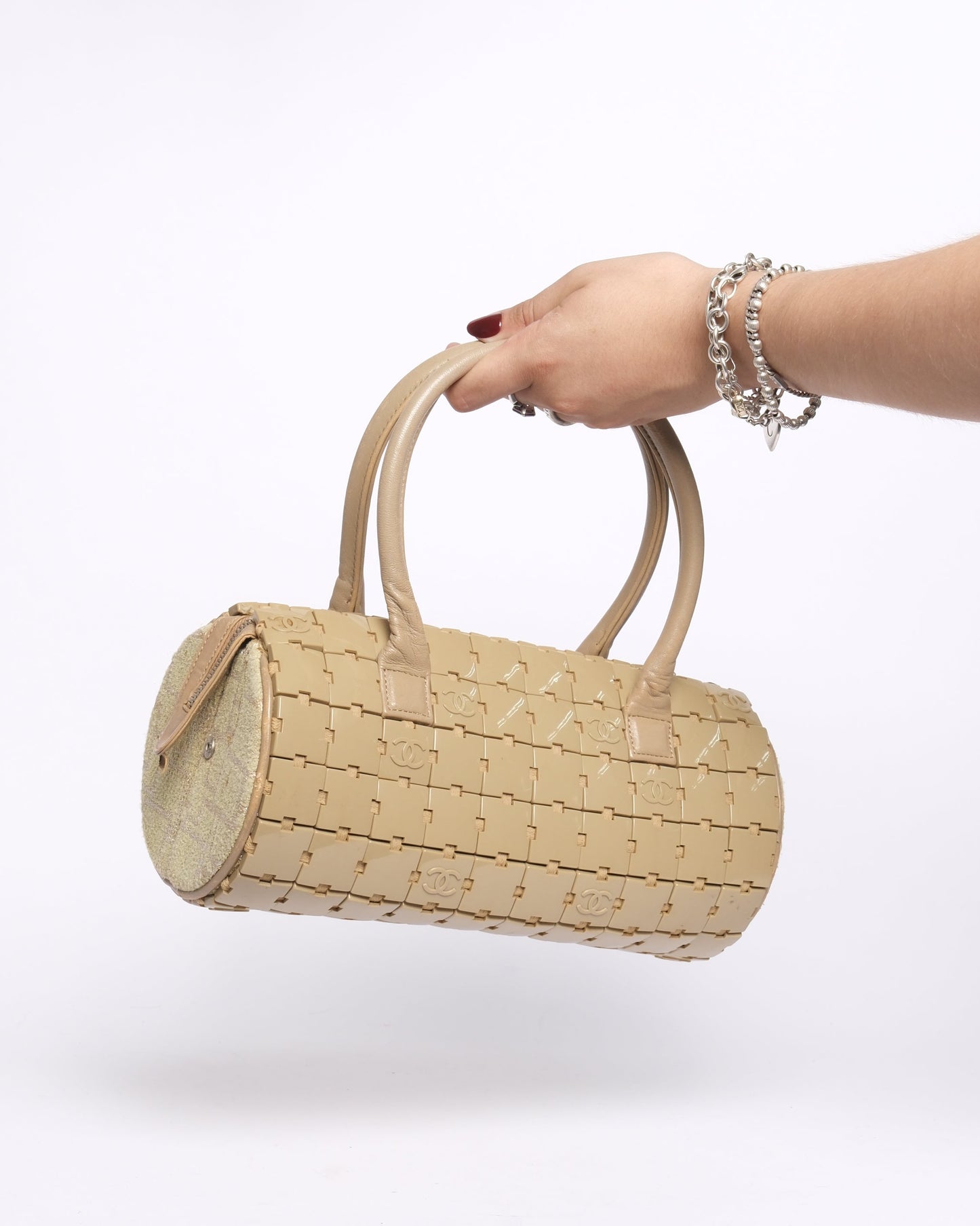 RARE Chanel Beige Puzzle Tile Cylinder Barrel Bag