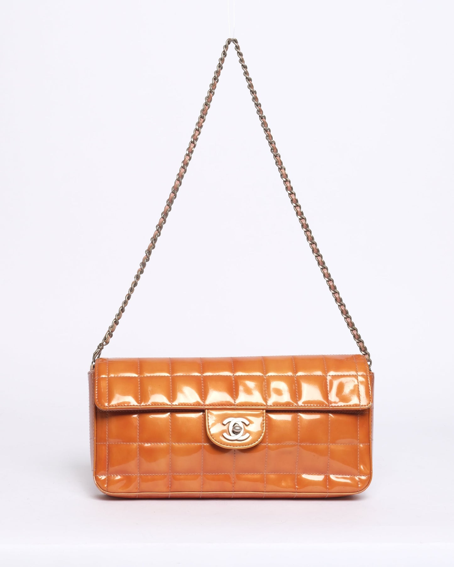 Chanel Orange Patent Leather Chocolate Bar Quilted E/W Flap