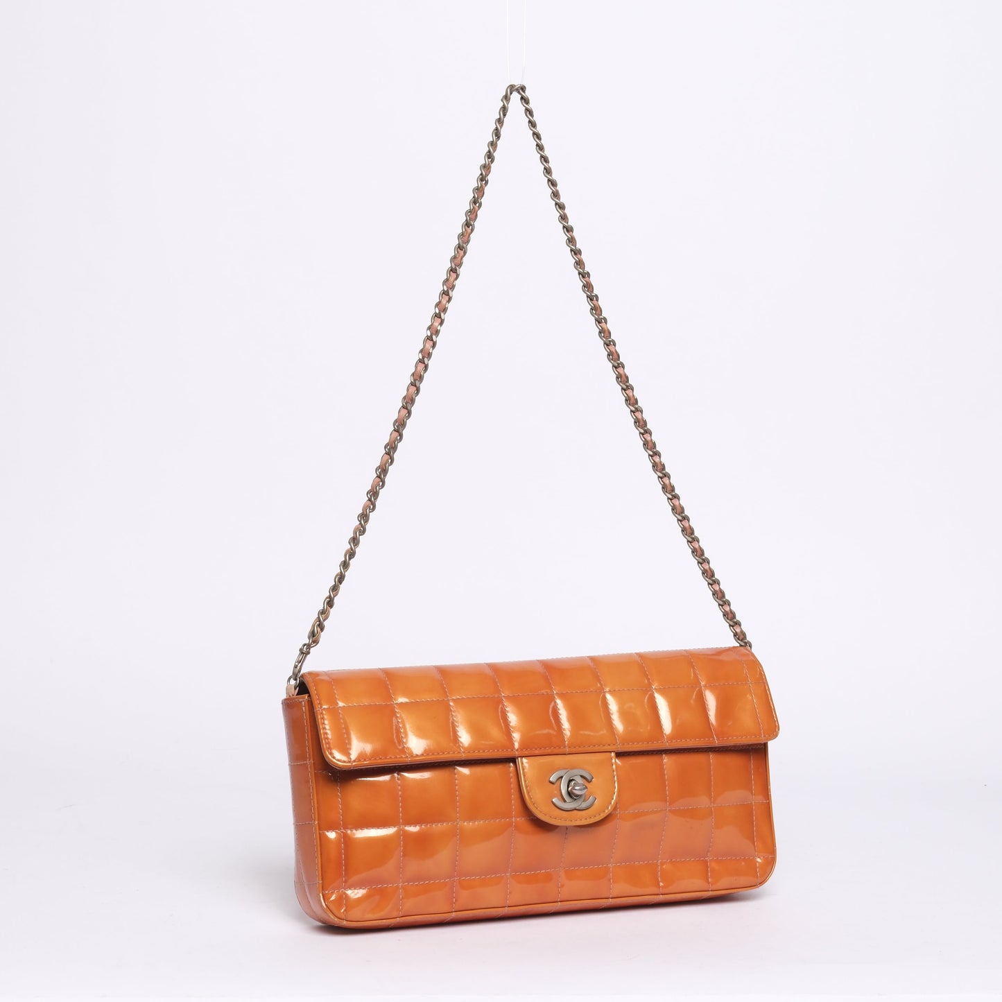 Chanel Orange Patent Leather Chocolate Bar Quilted E/W Flap