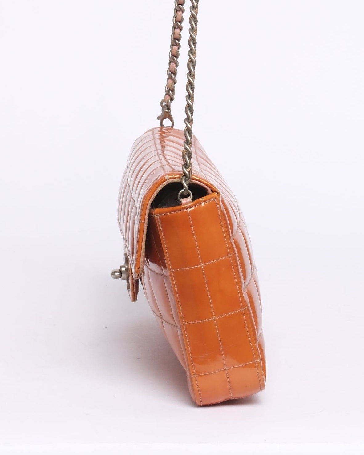 Chanel Orange Patent Leather Chocolate Bar Quilted E/W Flap