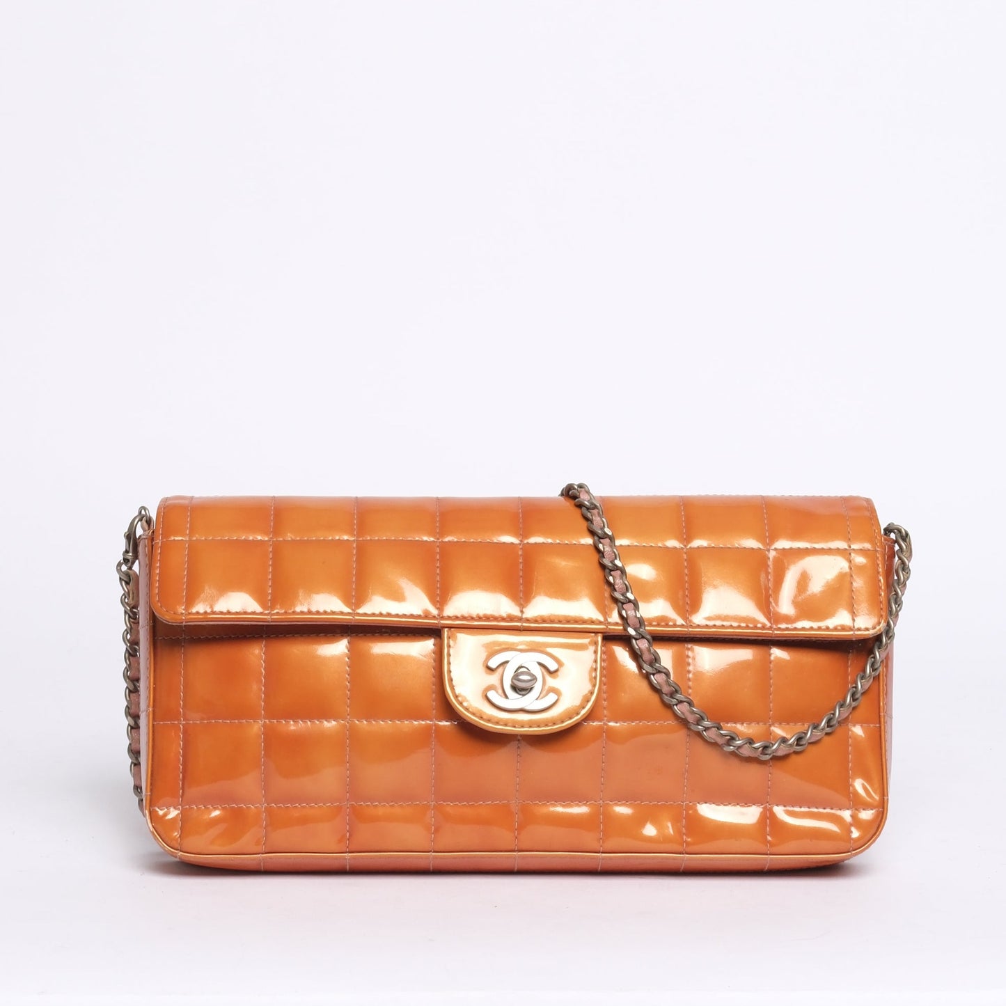 Chanel Orange Patent Leather Chocolate Bar Quilted E/W Flap