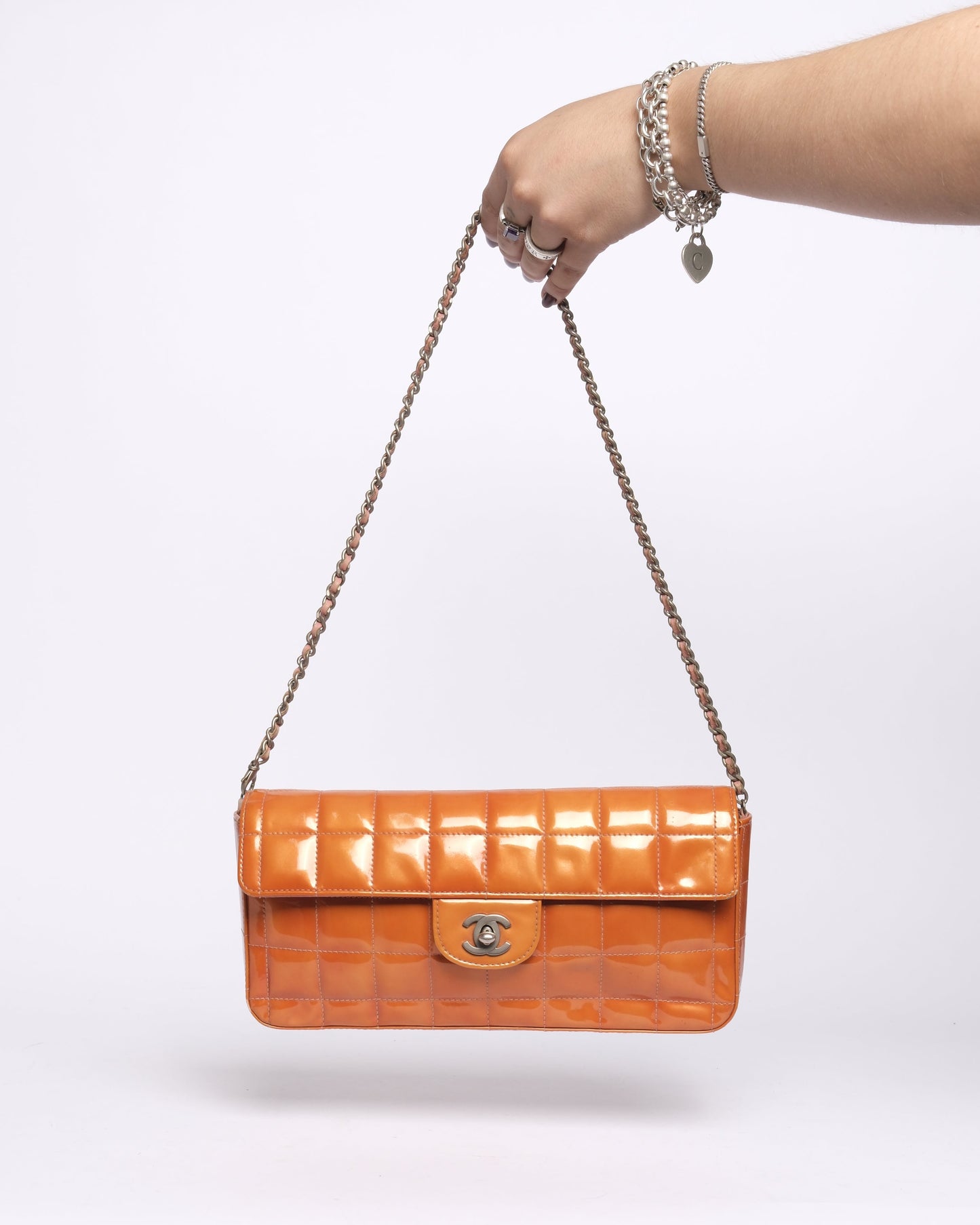 Chanel Orange Patent Leather Chocolate Bar Quilted E/W Flap