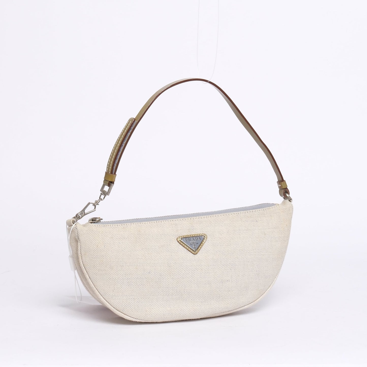 Prada Beige Linen & Patent Leather Half Moon Pochette