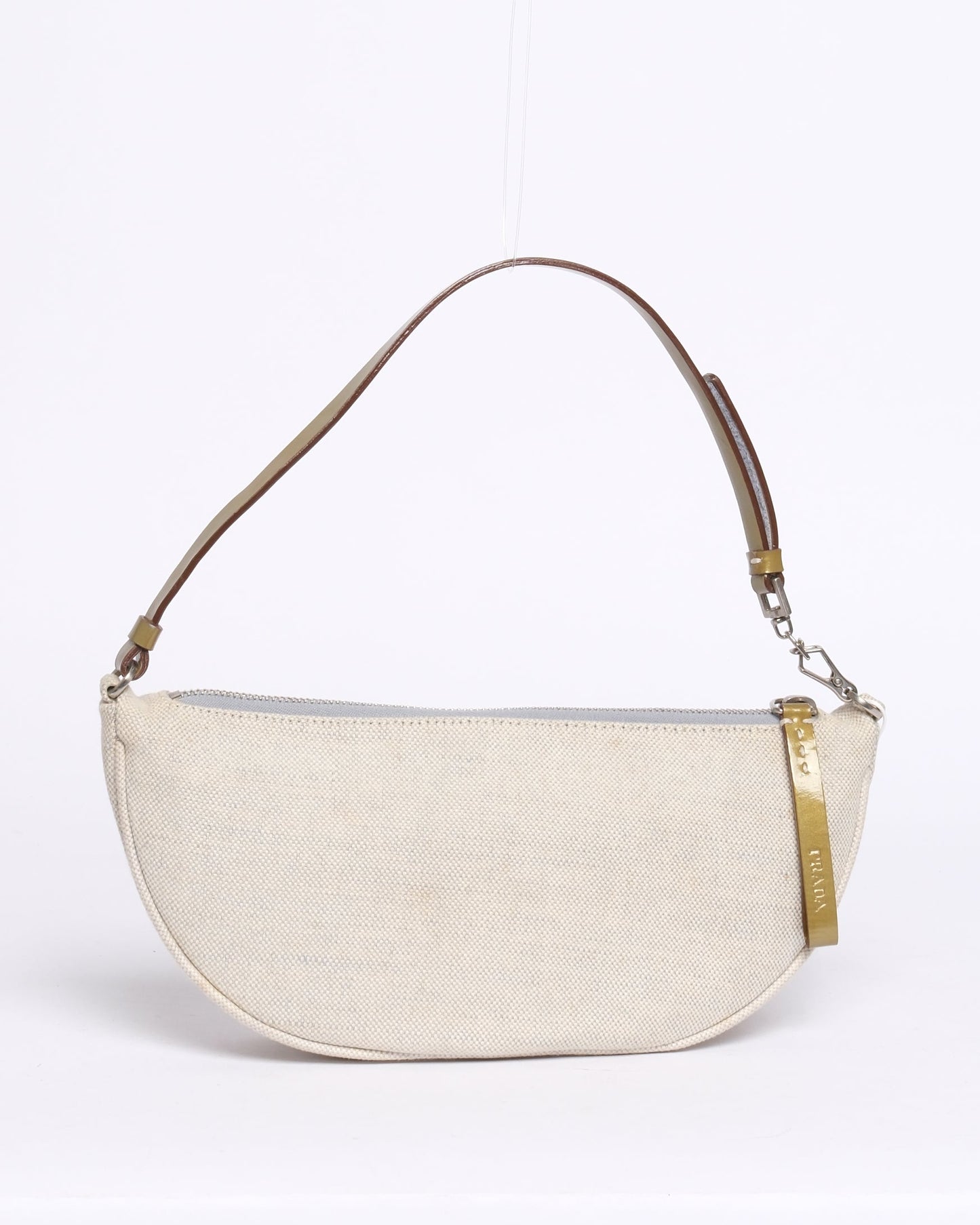 Prada Beige Linen & Patent Leather Half Moon Pochette