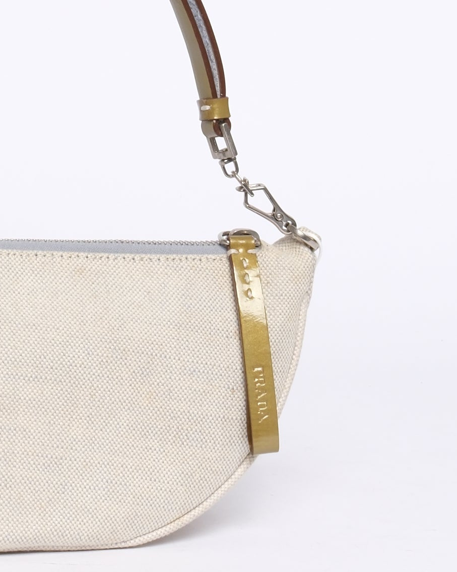 Prada Beige Linen & Patent Leather Half Moon Pochette