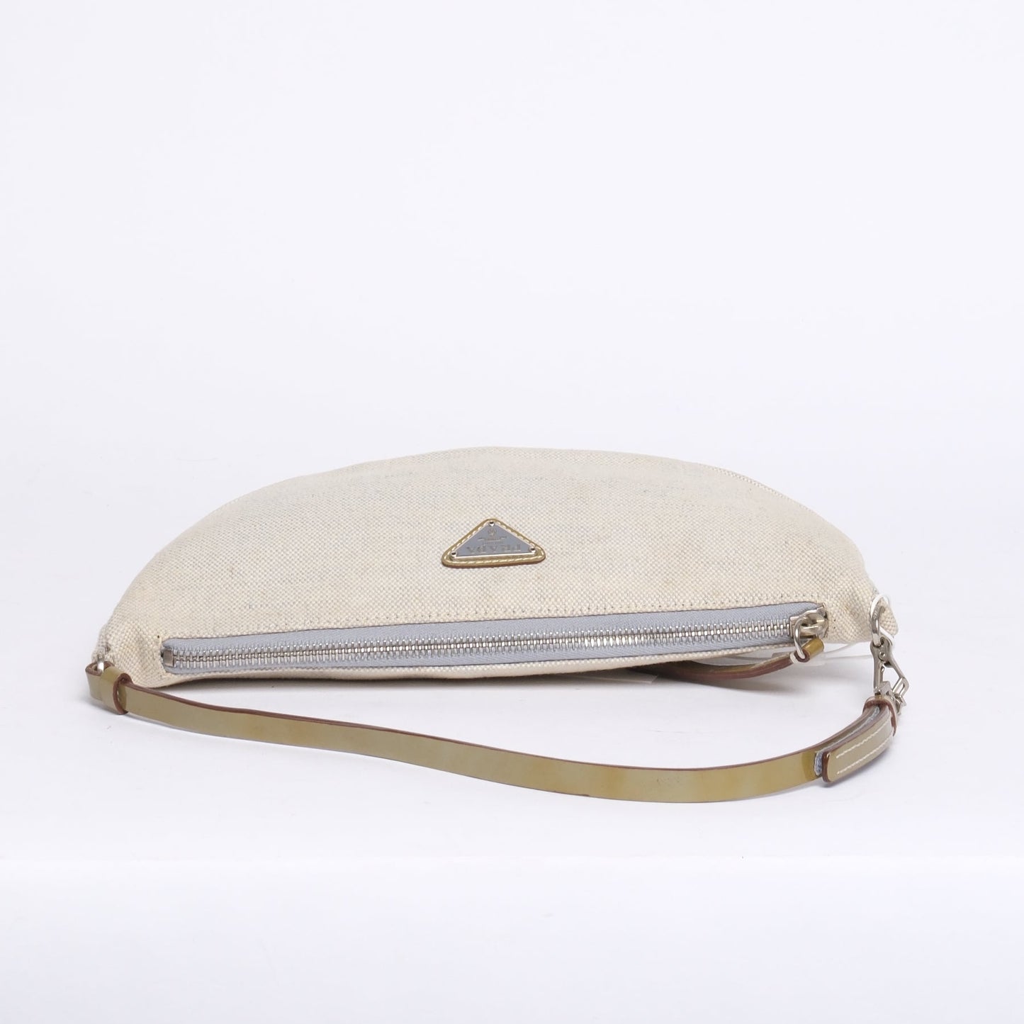 Prada Beige Linen & Patent Leather Half Moon Pochette