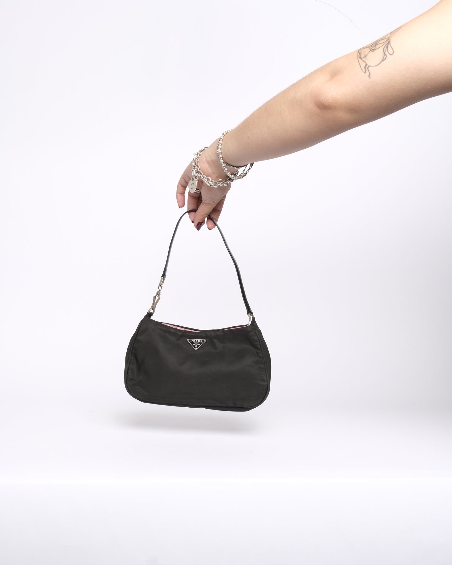 Prada Black Nylon Mini Shoulder Bag w/ Pink Interior