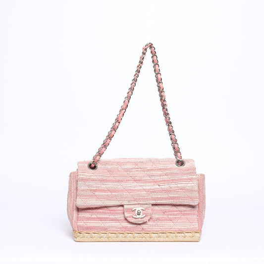 Chanel 2006 Pink Quilted Espadrille Raffia Flap