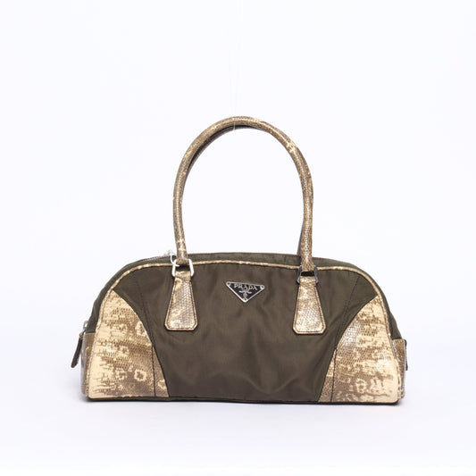 Prada Lizard Trim Nylon Khaki Shoulder Bag