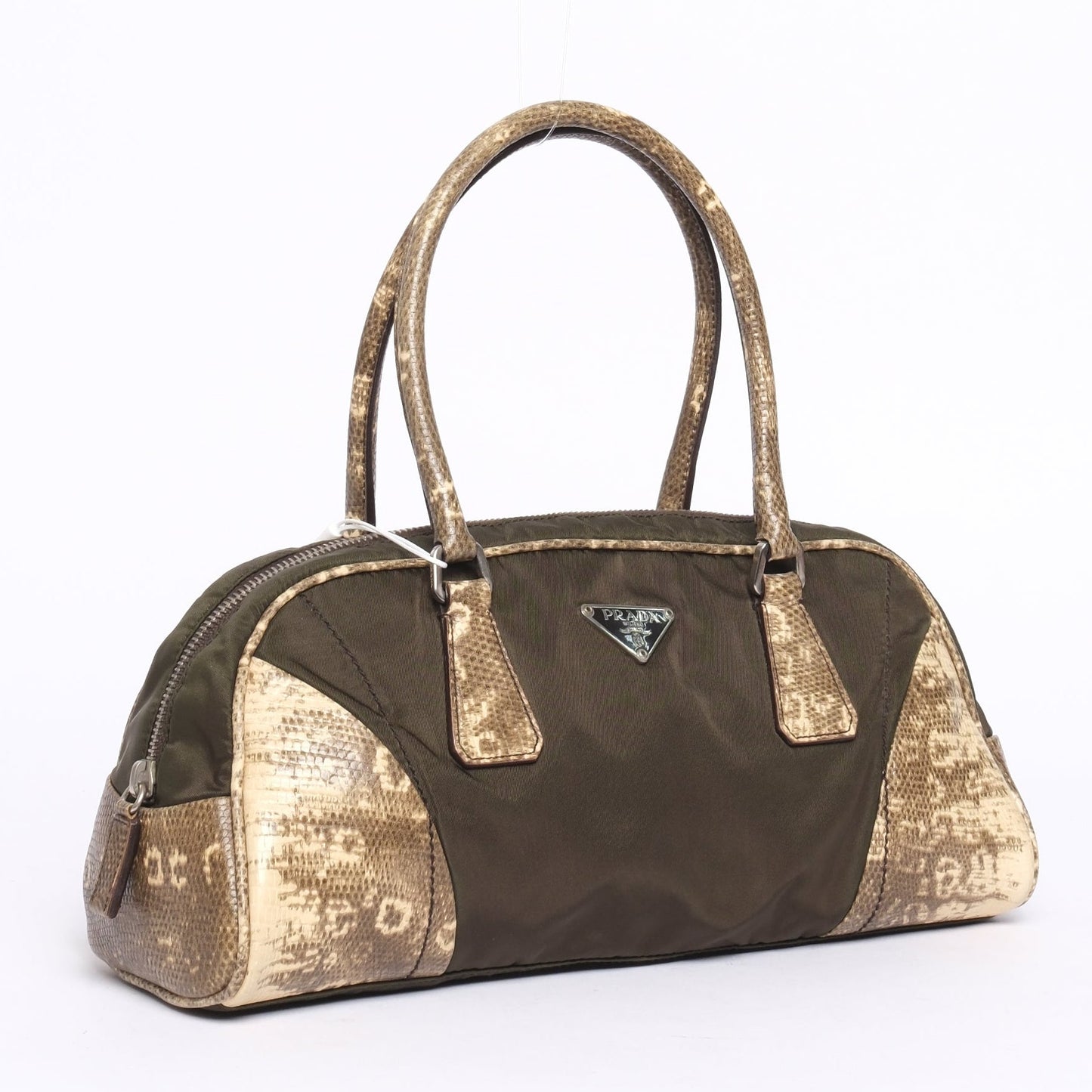 Prada Lizard Trim Nylon Khaki Shoulder Bag