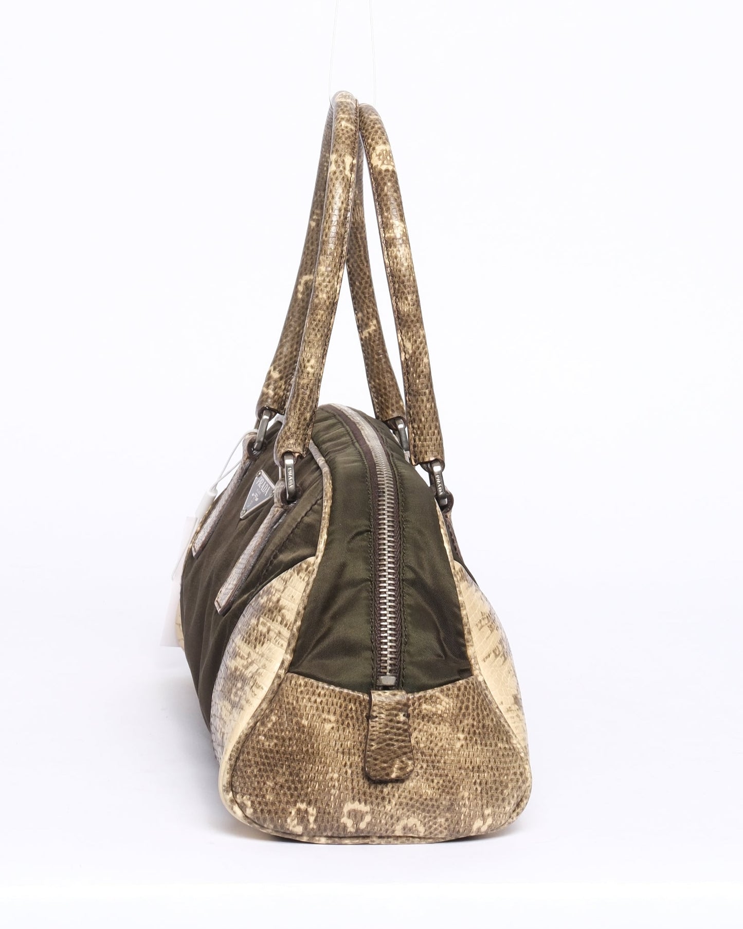 Prada Lizard Trim Nylon Khaki Shoulder Bag