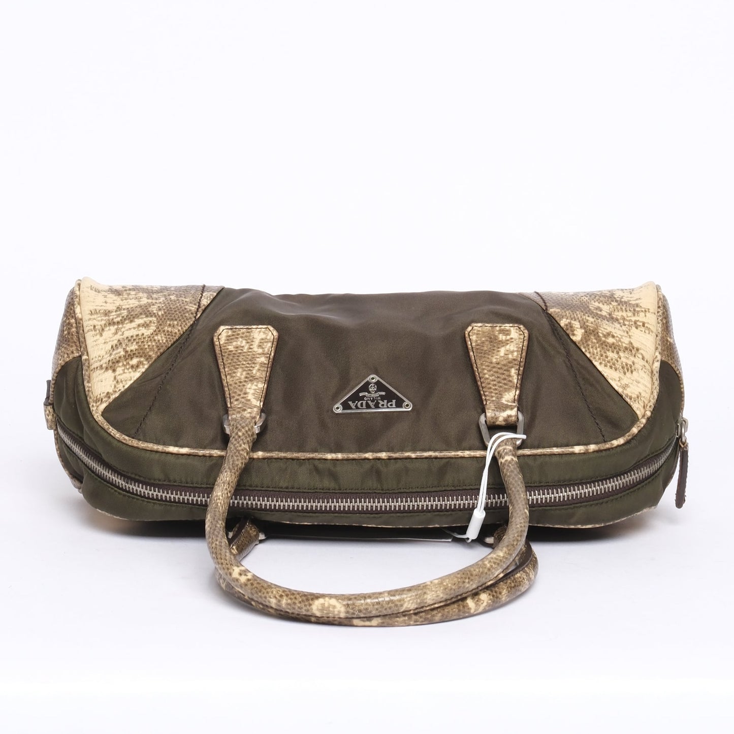 Prada Lizard Trim Nylon Khaki Shoulder Bag