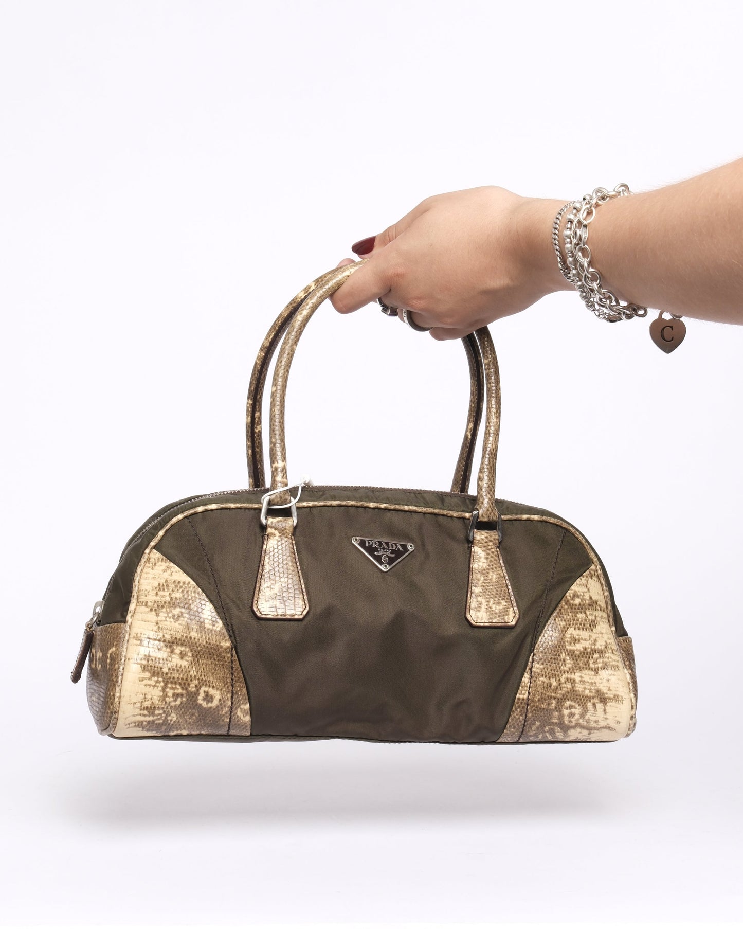 Prada Lizard Trim Nylon Khaki Shoulder Bag