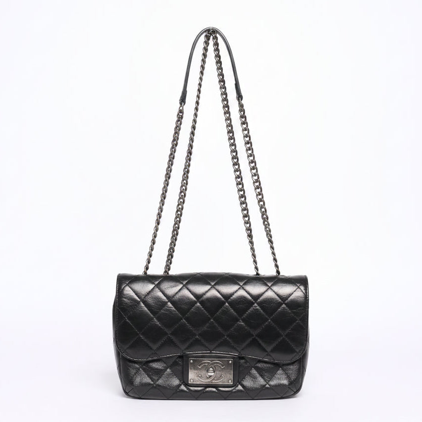 Chanel 2015 Black Lambskin Leather Quilted Medium Flap