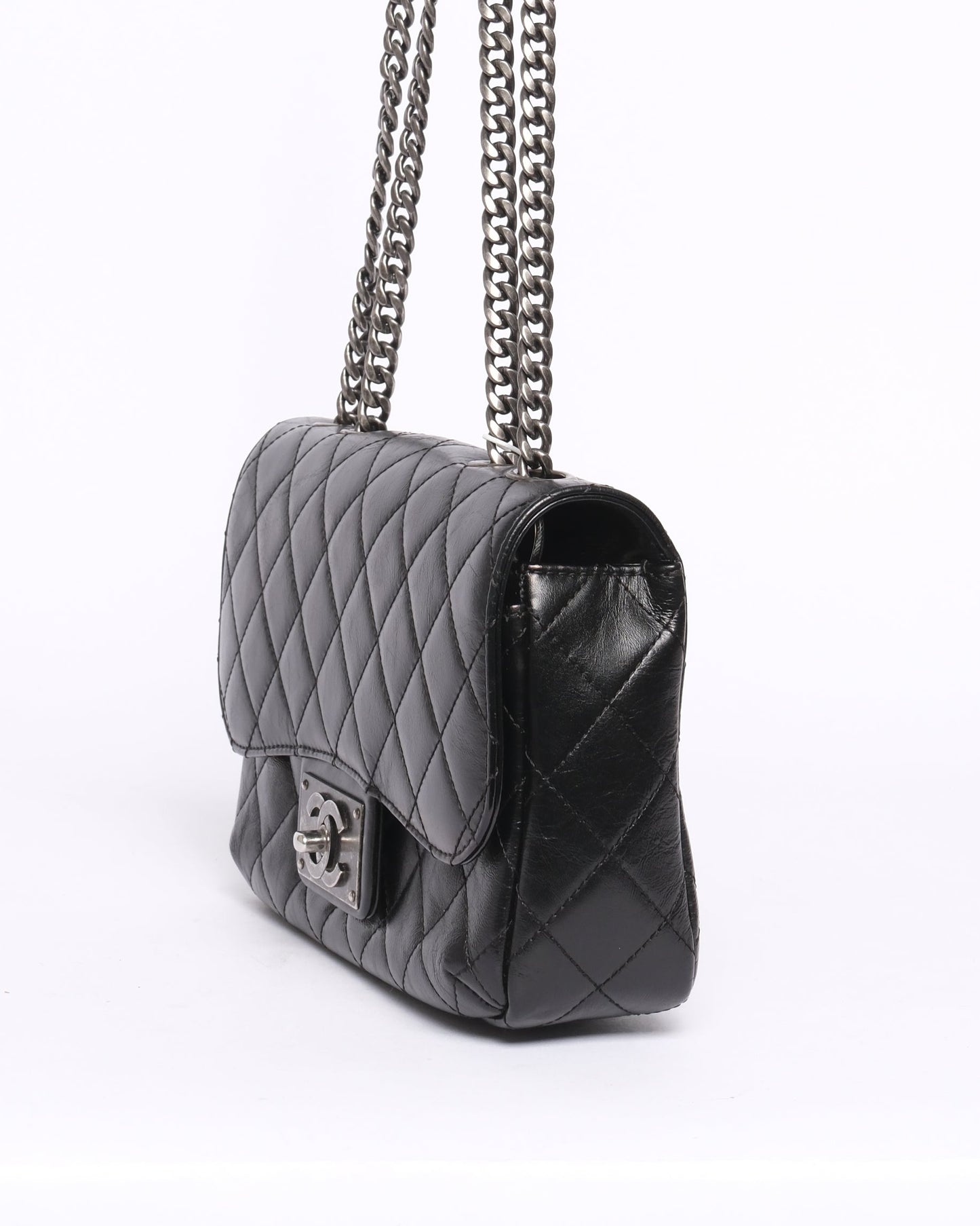 Chanel 2015 Black Lambskin Leather Quilted Medium Flap