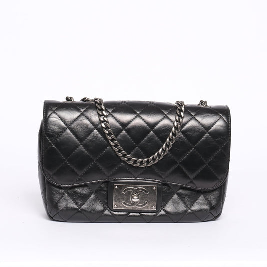 Chanel 2015 Black Lambskin Leather Quilted Medium Flap