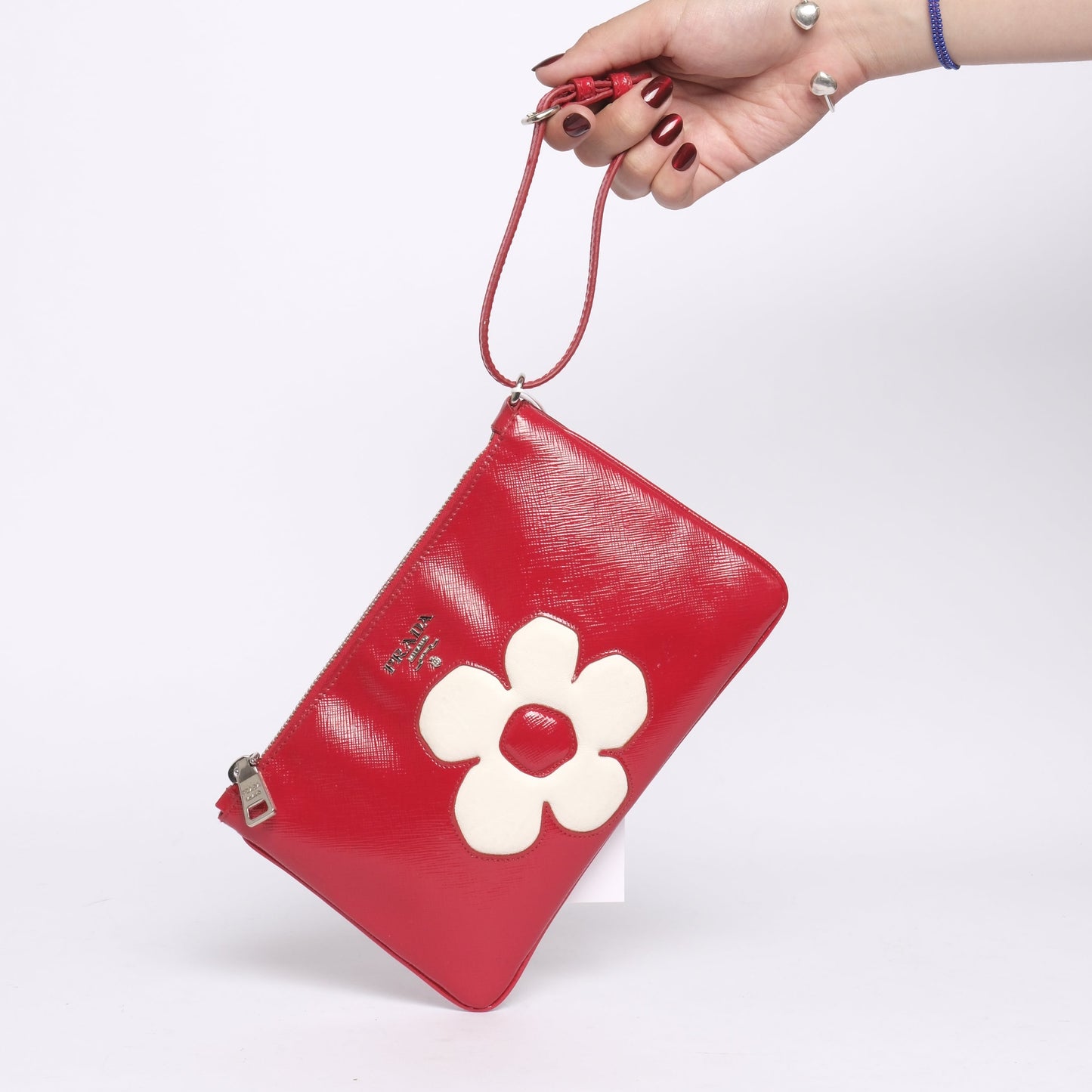 Prada Red Leather Flower Wristlet