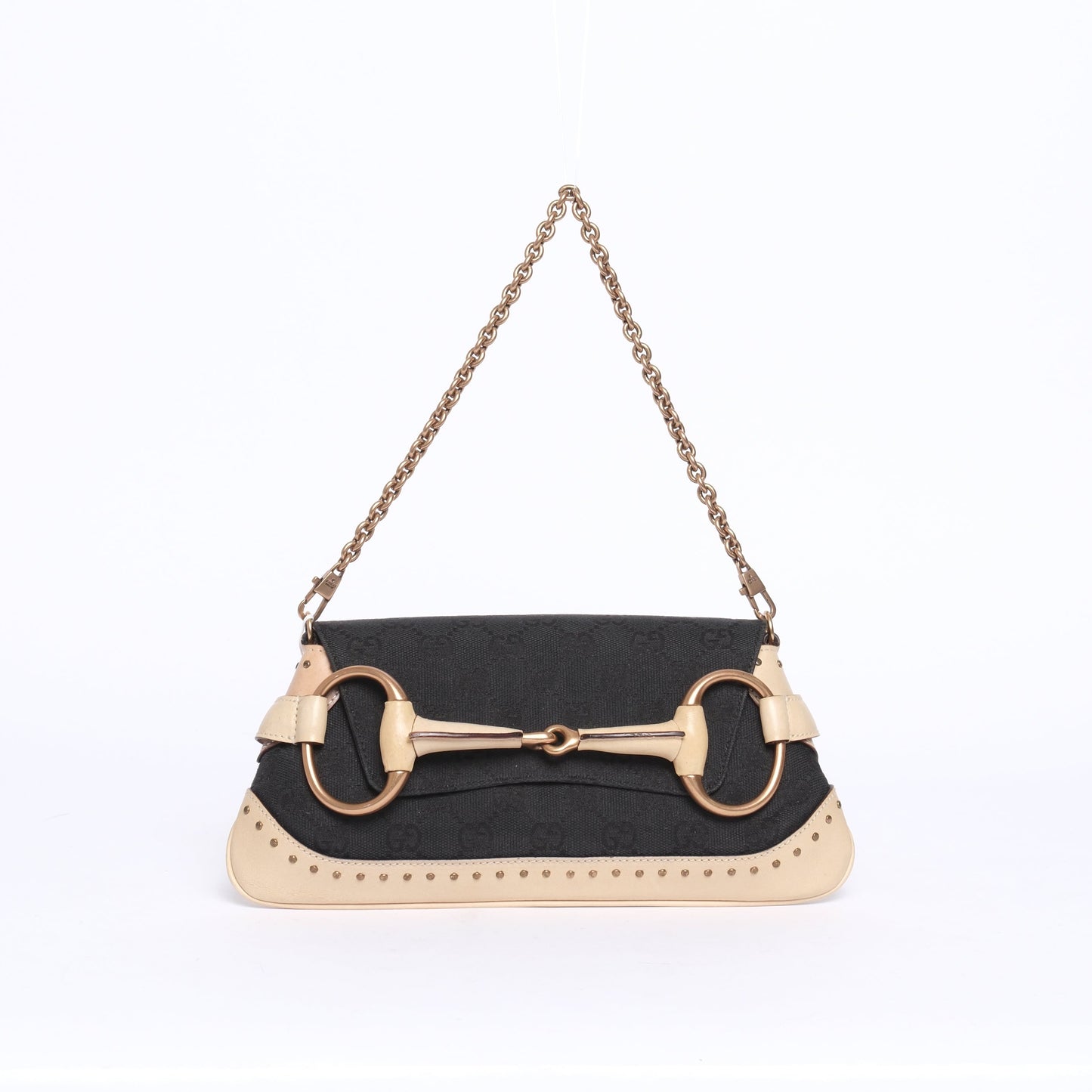 Gucci Black & Beige Canvas & Leather Monogram Mini Horsebit Chain Shoulder Bag
