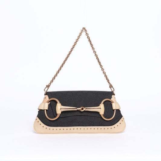 Gucci Black & Beige Canvas & Leather Monogram Mini Horsebit Chain Shoulder Bag