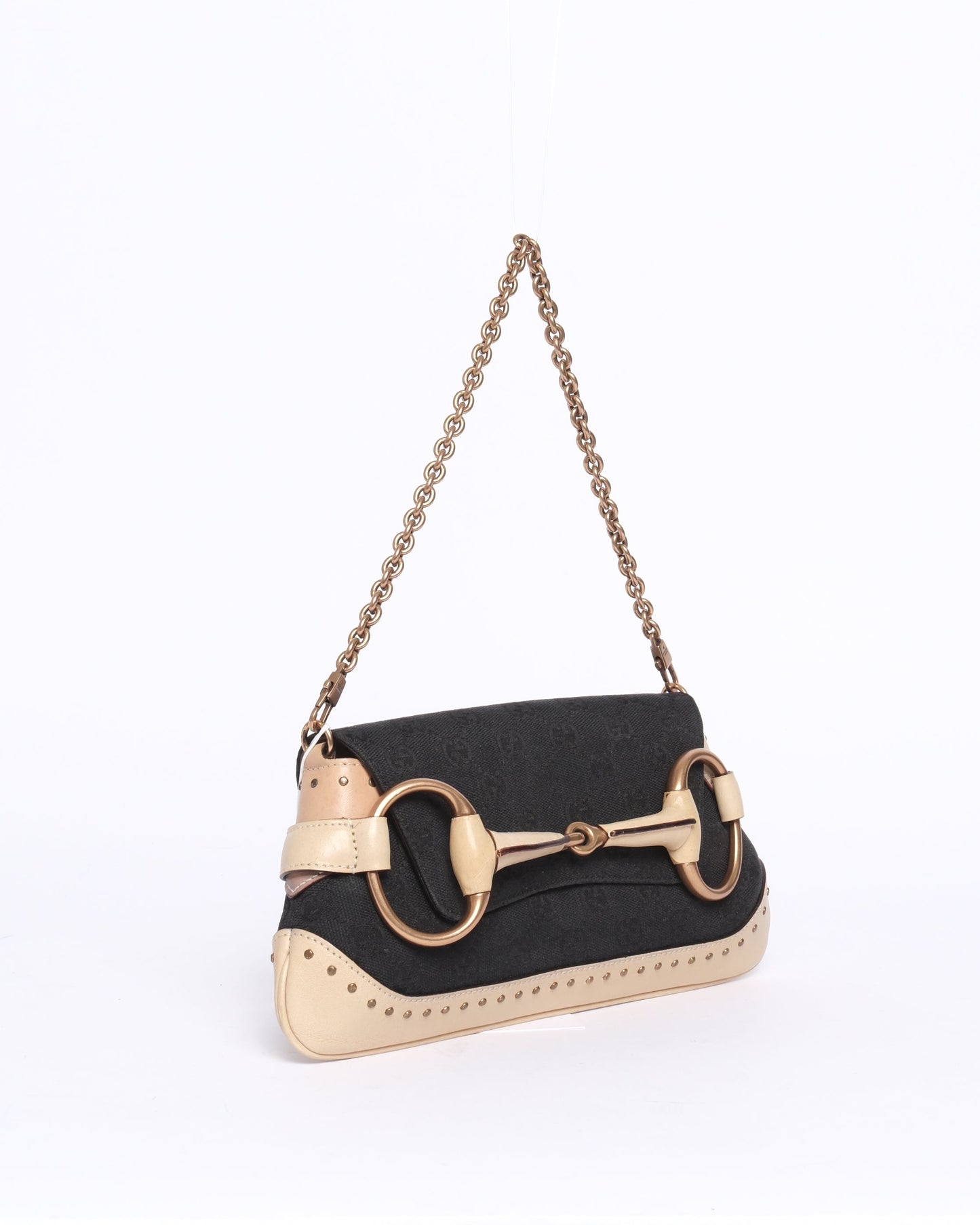 Gucci Black & Beige Canvas & Leather Monogram Mini Horsebit Chain Shoulder Bag