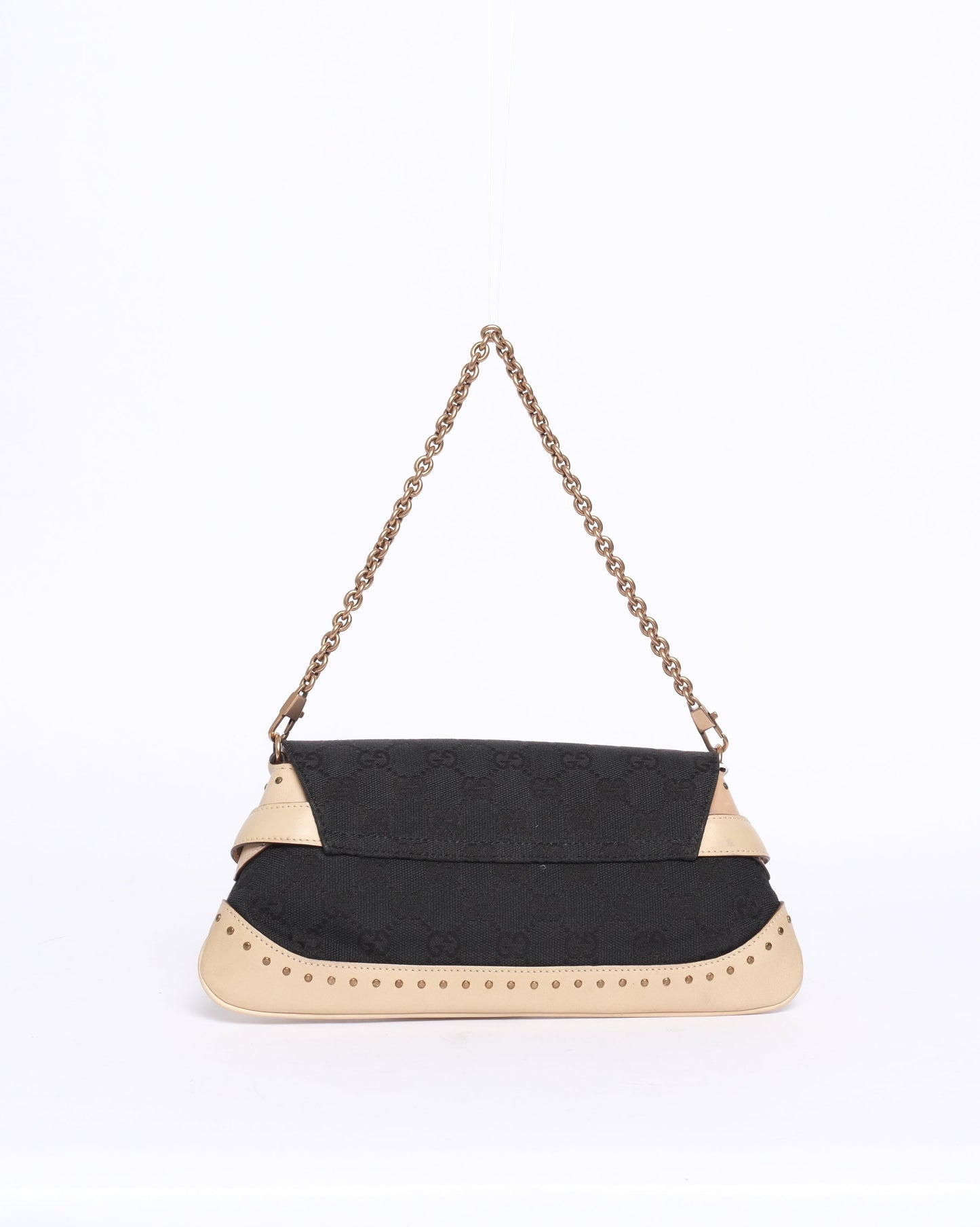 Gucci Black & Beige Canvas & Leather Monogram Mini Horsebit Chain Shoulder Bag