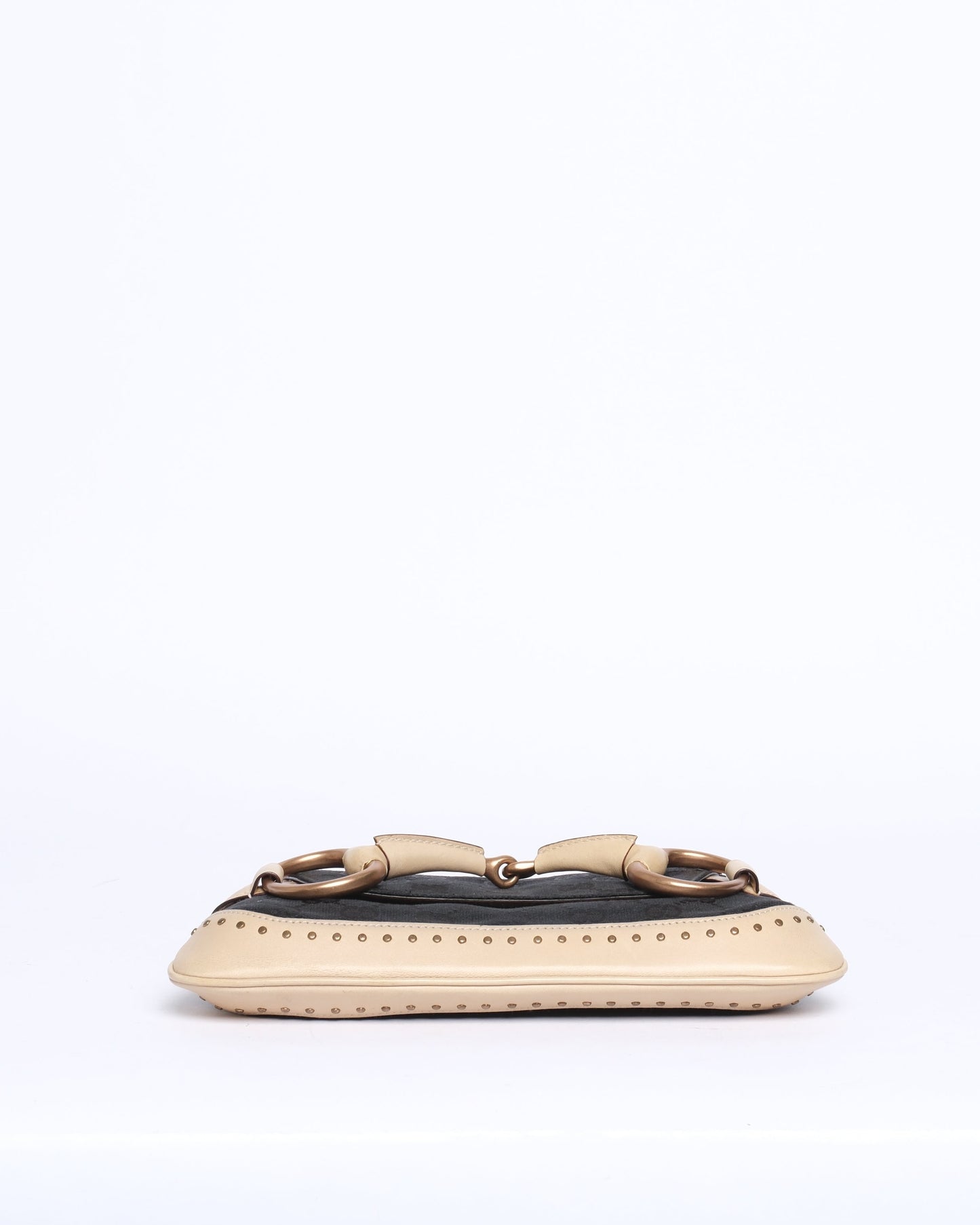 Gucci Black & Beige Canvas & Leather Monogram Mini Horsebit Chain Shoulder Bag