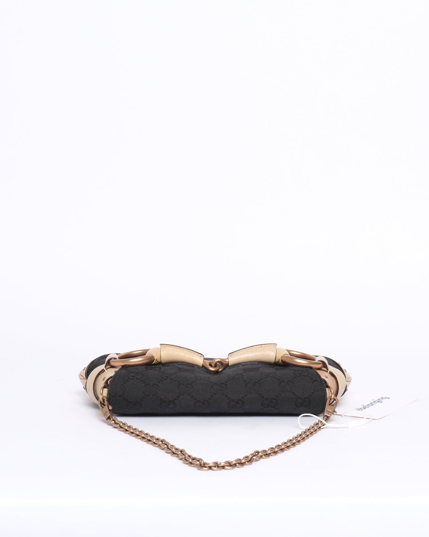 Gucci Black & Beige Canvas & Leather Monogram Mini Horsebit Chain Shoulder Bag
