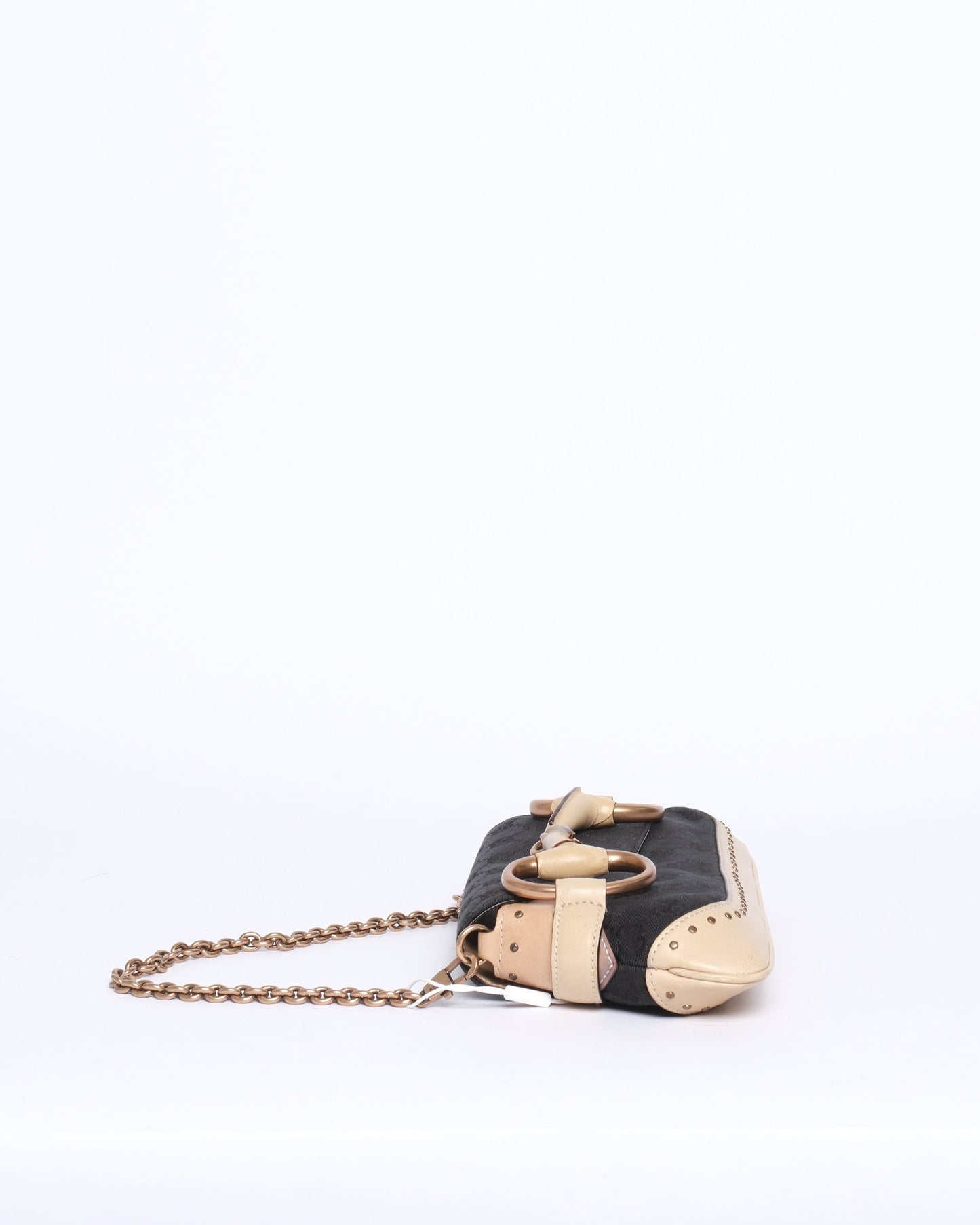 Gucci Black & Beige Canvas & Leather Monogram Mini Horsebit Chain Shoulder Bag