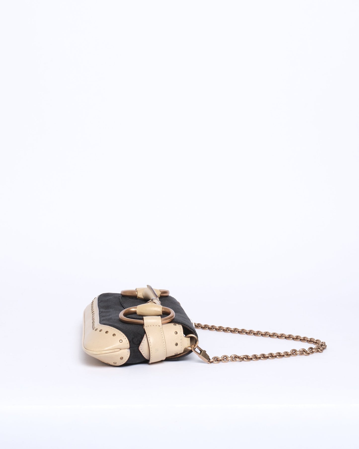 Gucci Black & Beige Canvas & Leather Monogram Mini Horsebit Chain Shoulder Bag