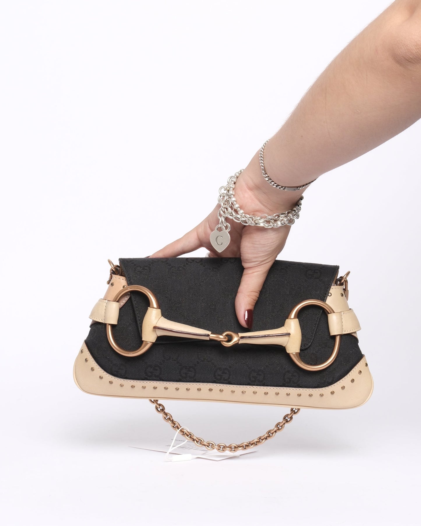 Gucci Black & Beige Canvas & Leather Monogram Mini Horsebit Chain Shoulder Bag