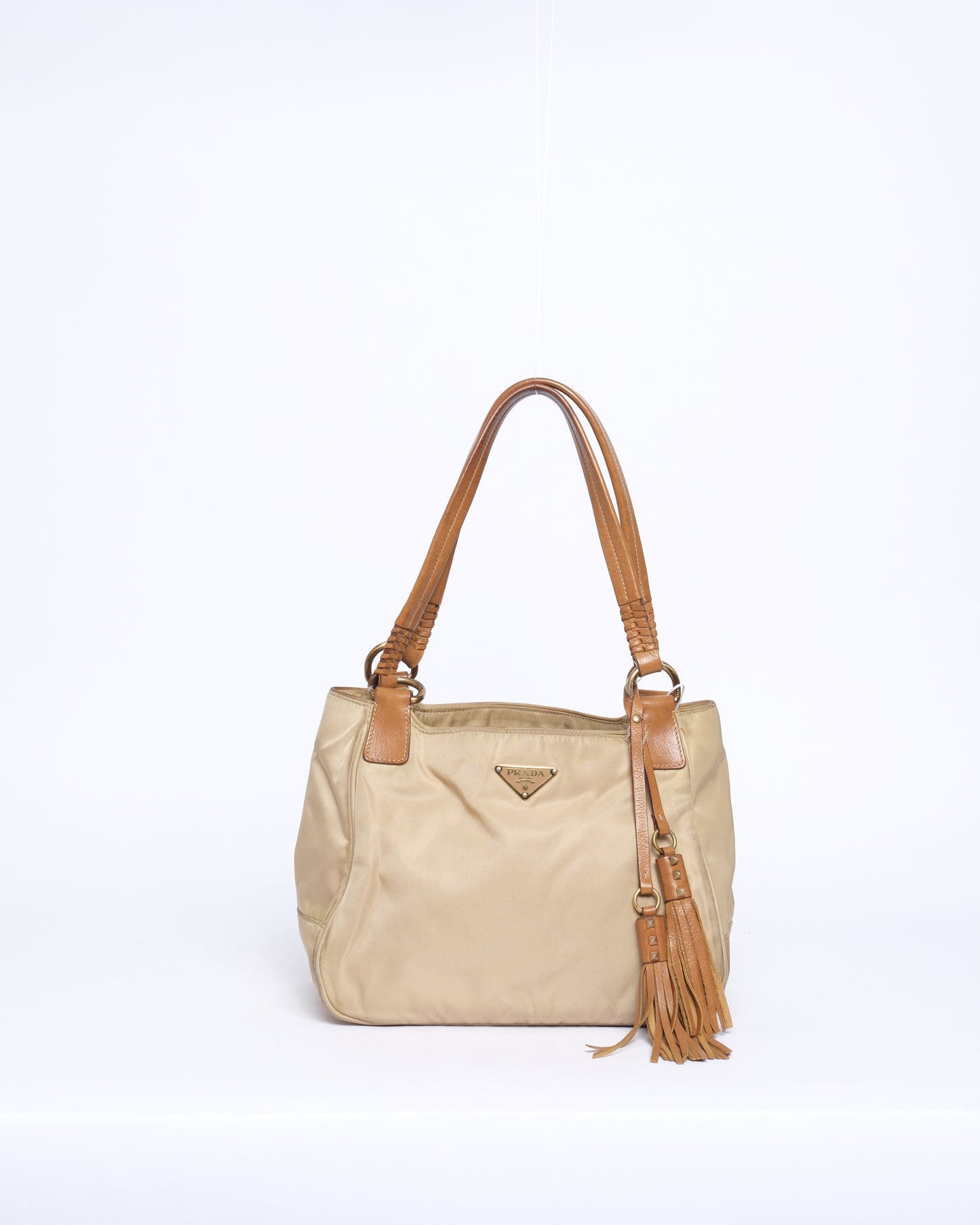Prada Beige & Brown Nylon & Leather Tassel Shoulder Bag