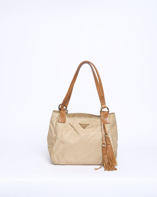Prada Beige & Brown Nylon & Leather Tassel Shoulder Bag