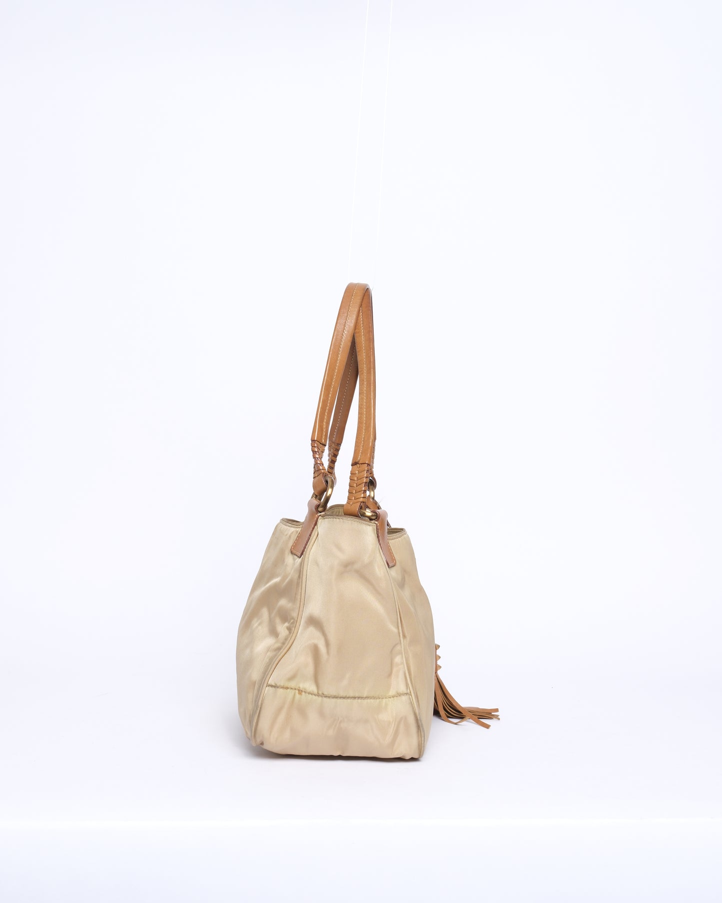 Prada Beige & Brown Nylon & Leather Tassel Shoulder Bag