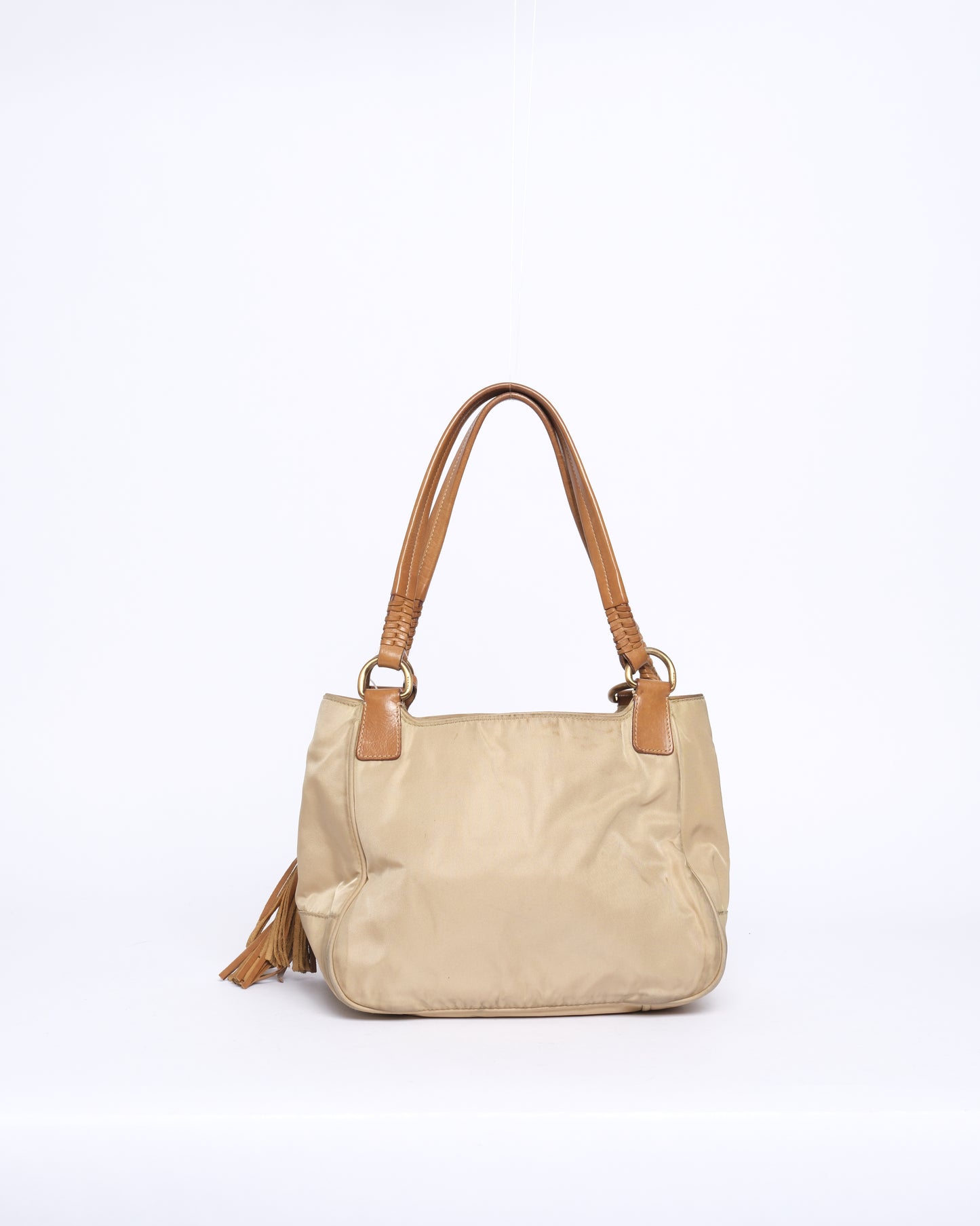 Prada Beige & Brown Nylon & Leather Tassel Shoulder Bag