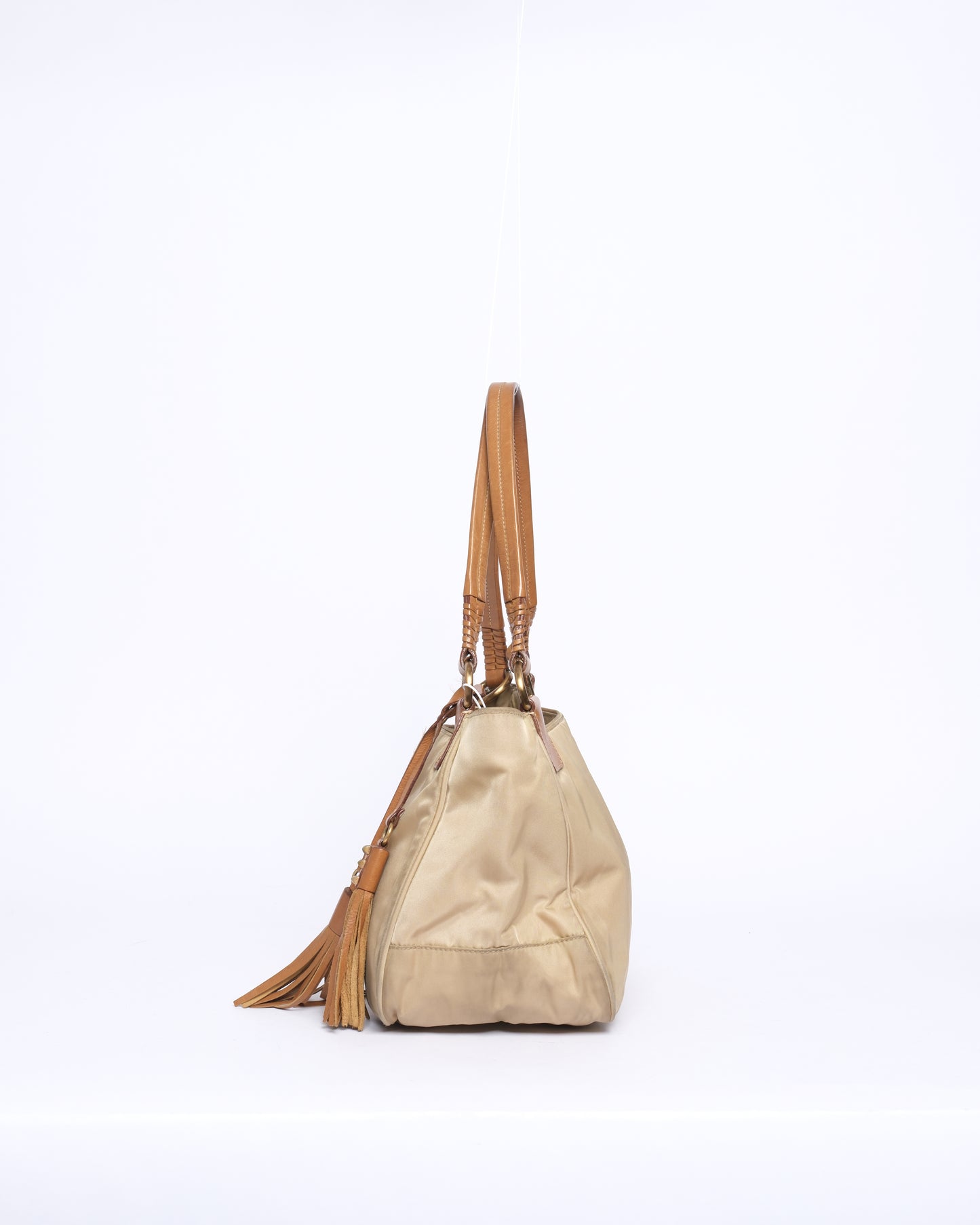 Prada Beige & Brown Nylon & Leather Tassel Shoulder Bag