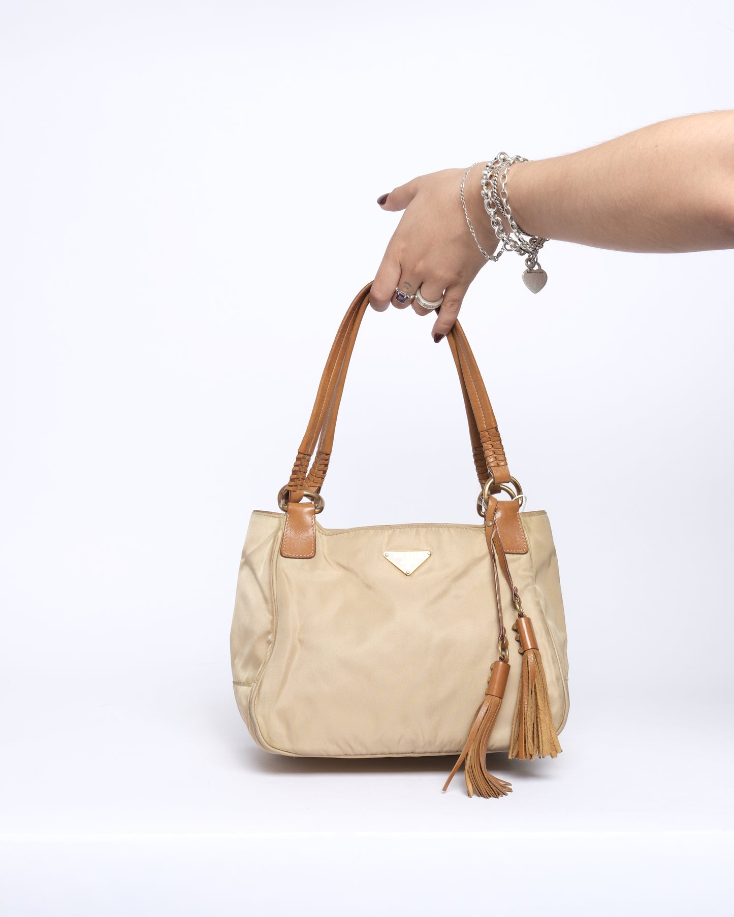 Prada Beige & Brown Nylon & Leather Tassel Shoulder Bag
