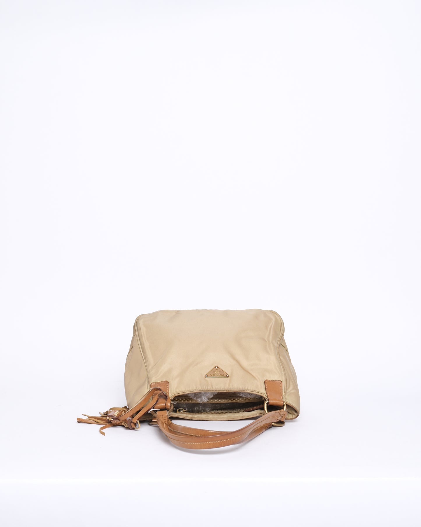 Prada Beige & Brown Nylon & Leather Tassel Shoulder Bag