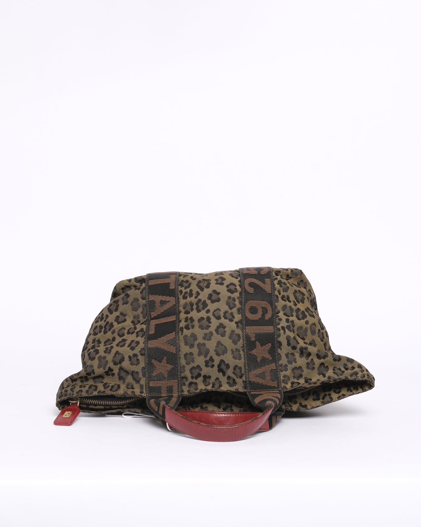 Fendi Brown & Red Canvas & Leather Leopard Printed Top Handle Tote Bag