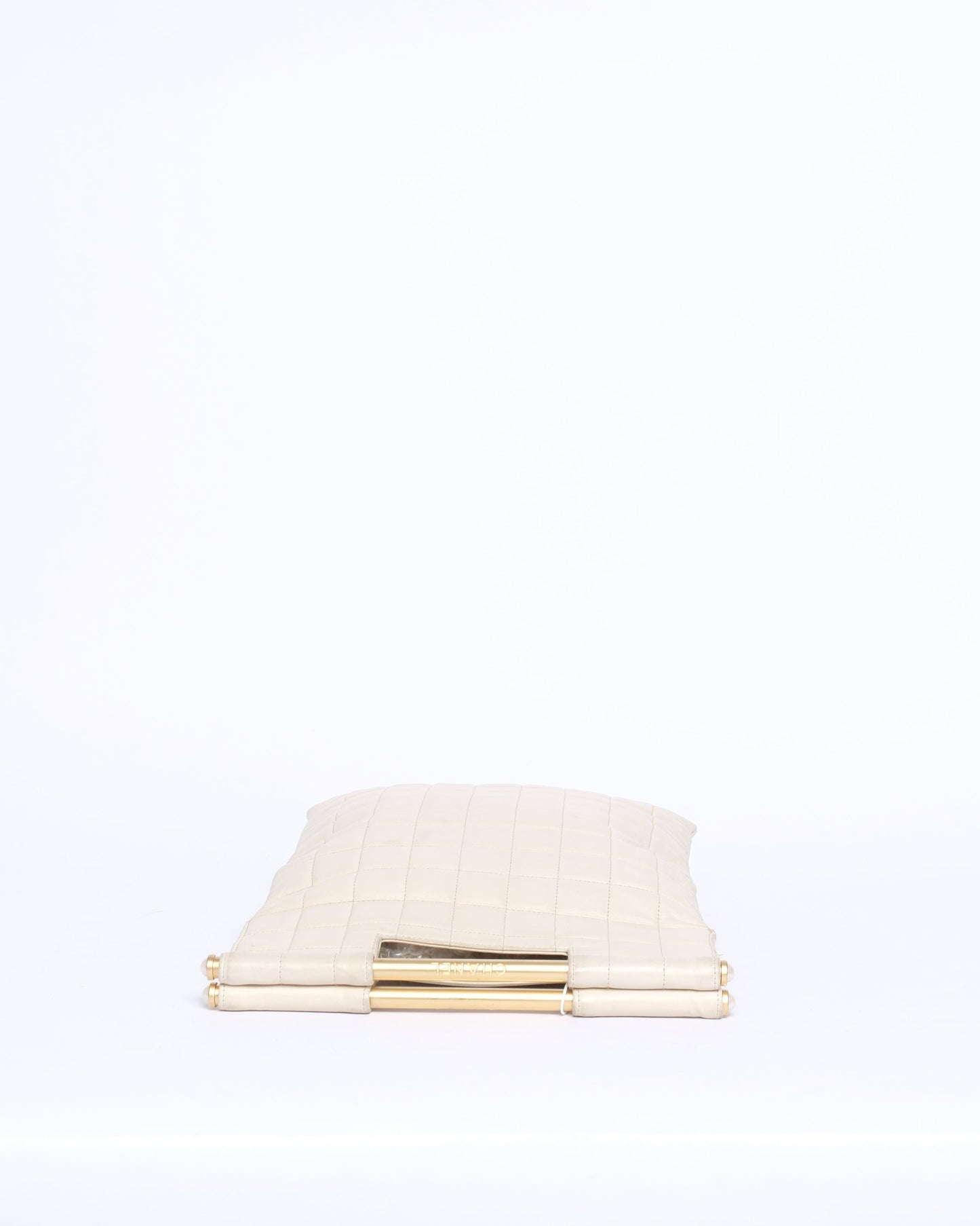 Chanel White Ivory Lambskin Leather Chocolate Bar Top Handle Tote