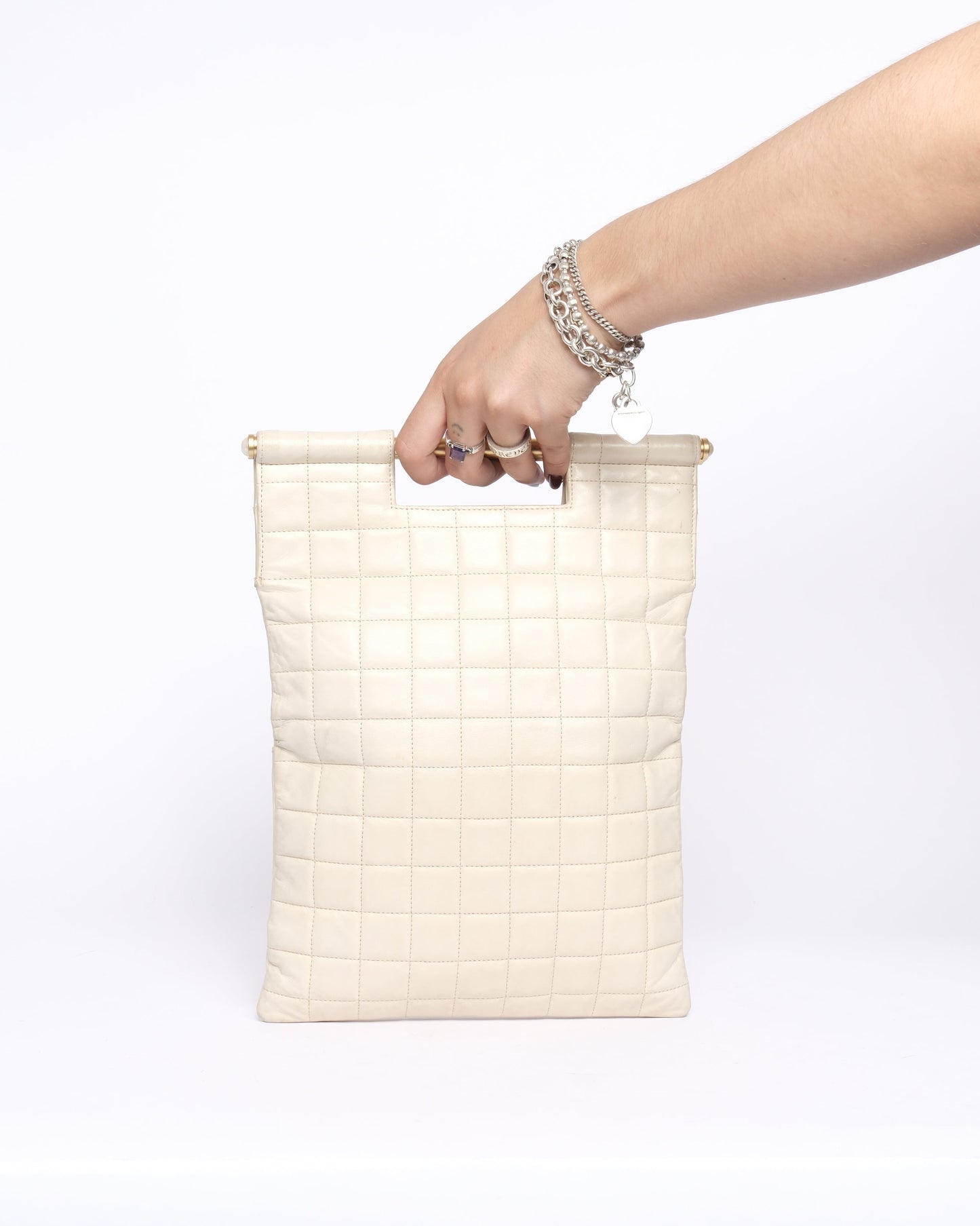 Chanel White Ivory Lambskin Leather Chocolate Bar Top Handle Tote