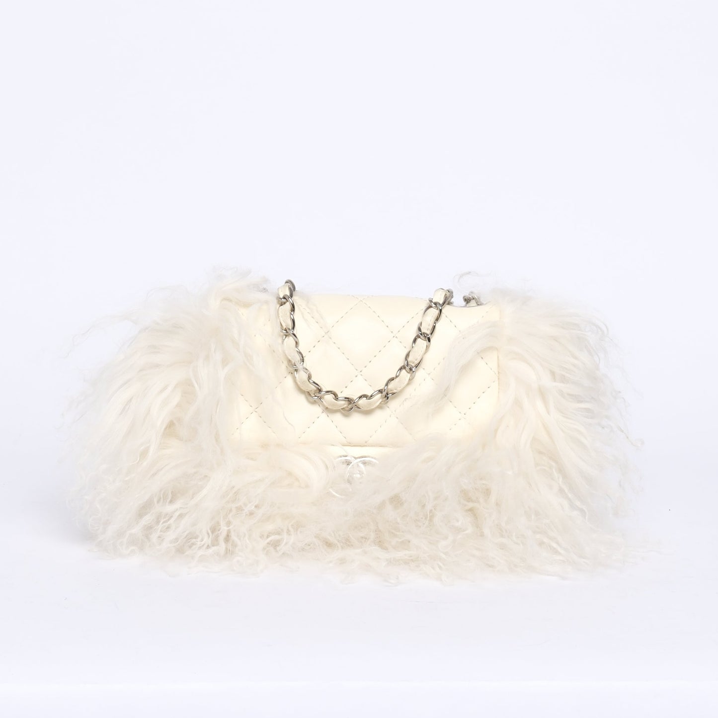 RARE Chanel White Lambskin & Mongolian Fur Mini Flap SHW