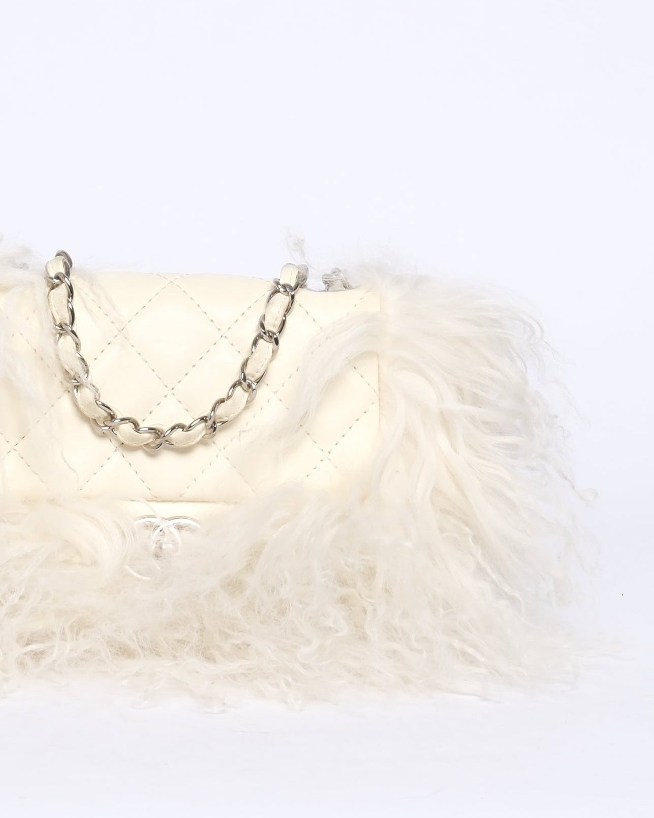 RARE Chanel White Lambskin & Mongolian Fur Mini Flap SHW