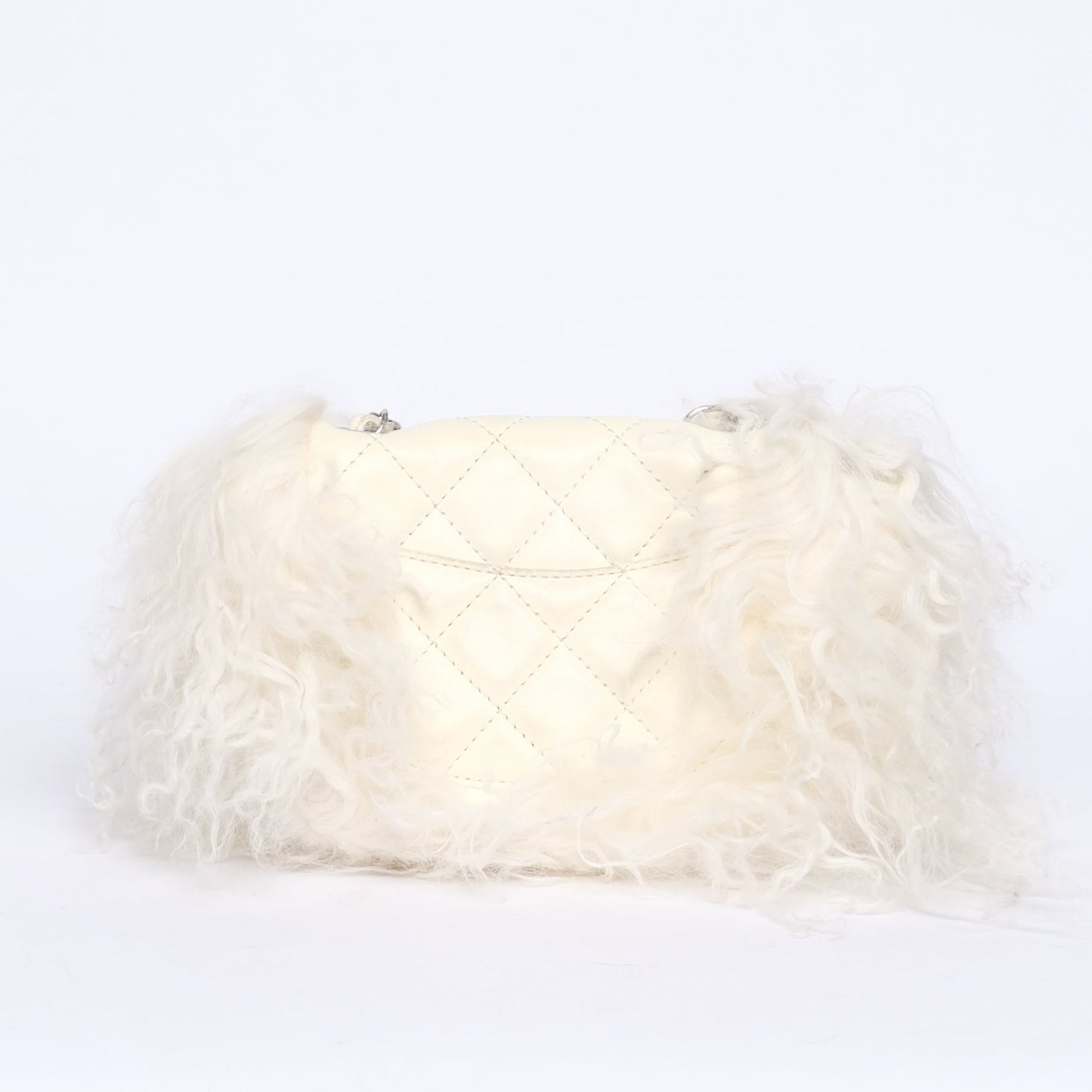 RARE Chanel White Lambskin & Mongolian Fur Mini Flap SHW