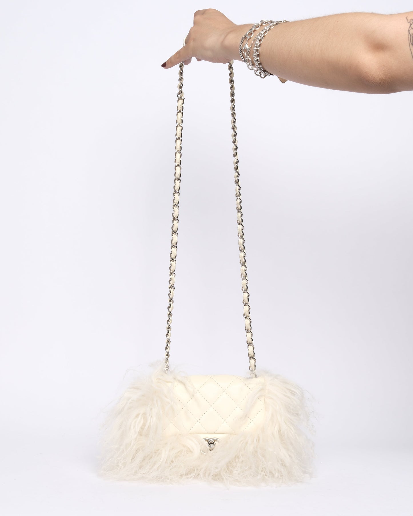 RARE Chanel White Lambskin & Mongolian Fur Mini Flap SHW