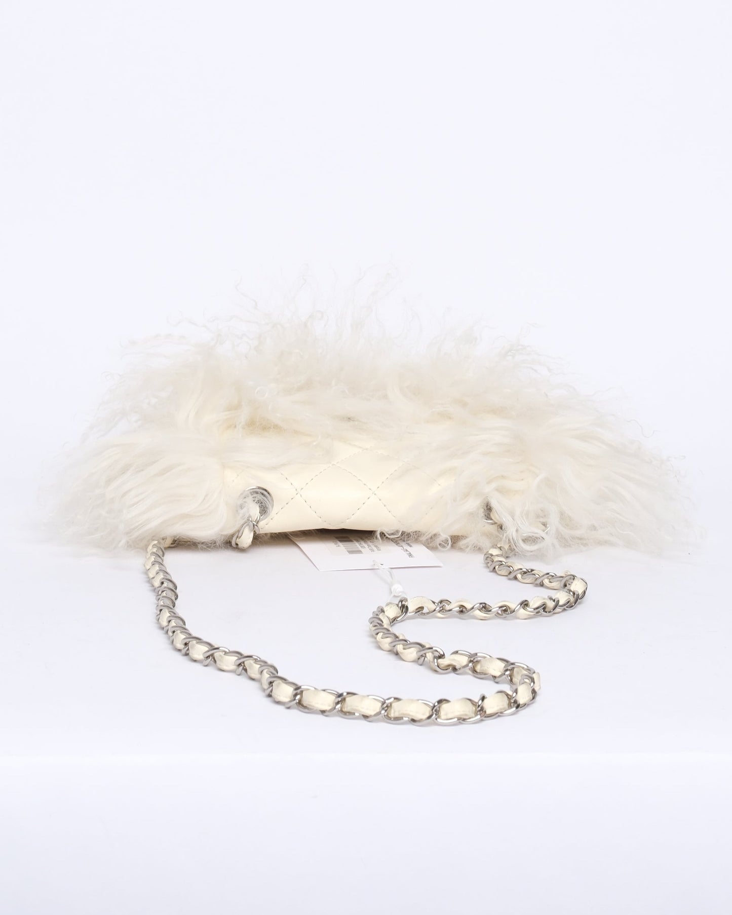 RARE Chanel White Lambskin & Mongolian Fur Mini Flap SHW