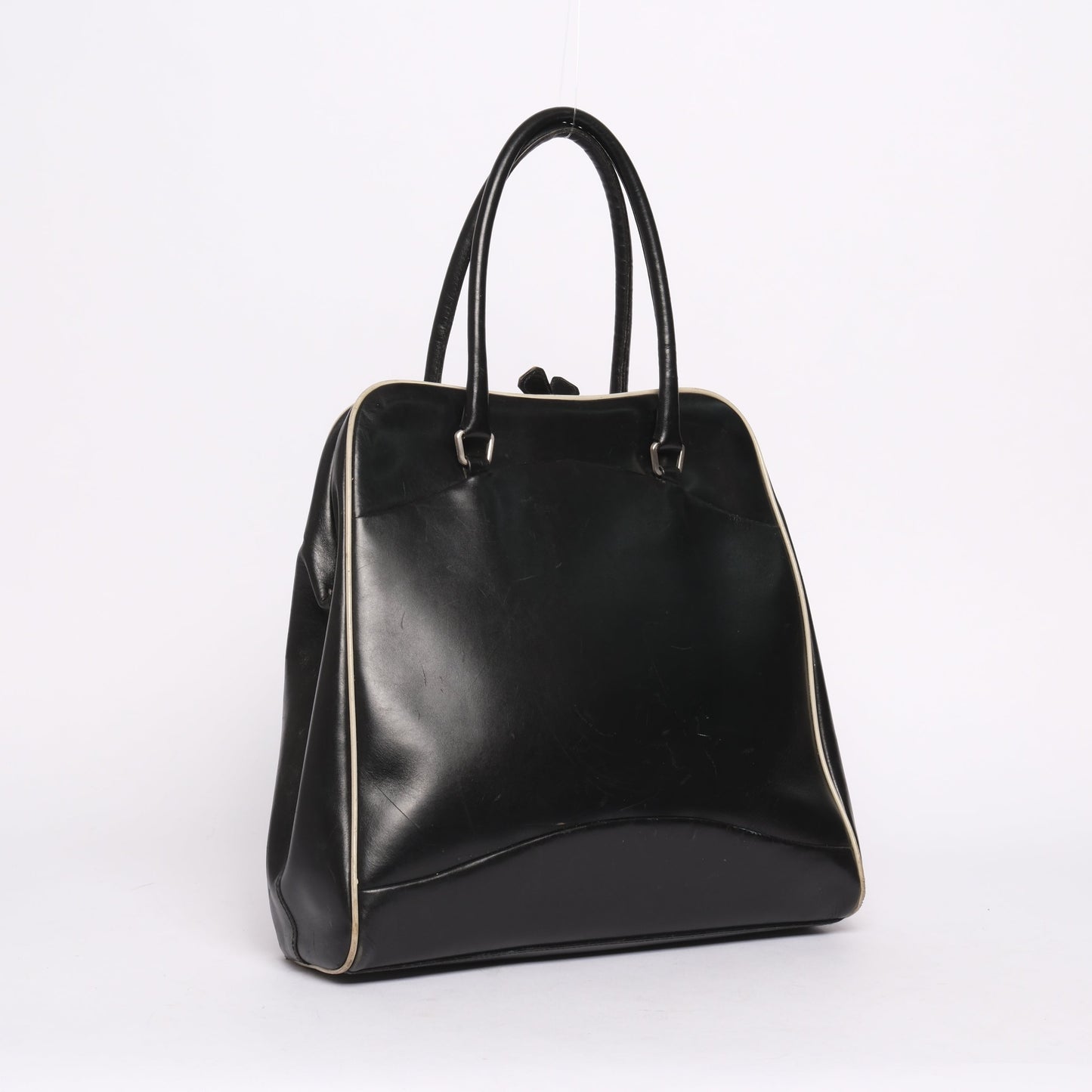 Prada Black & White Leather Top Handle Tote Bag