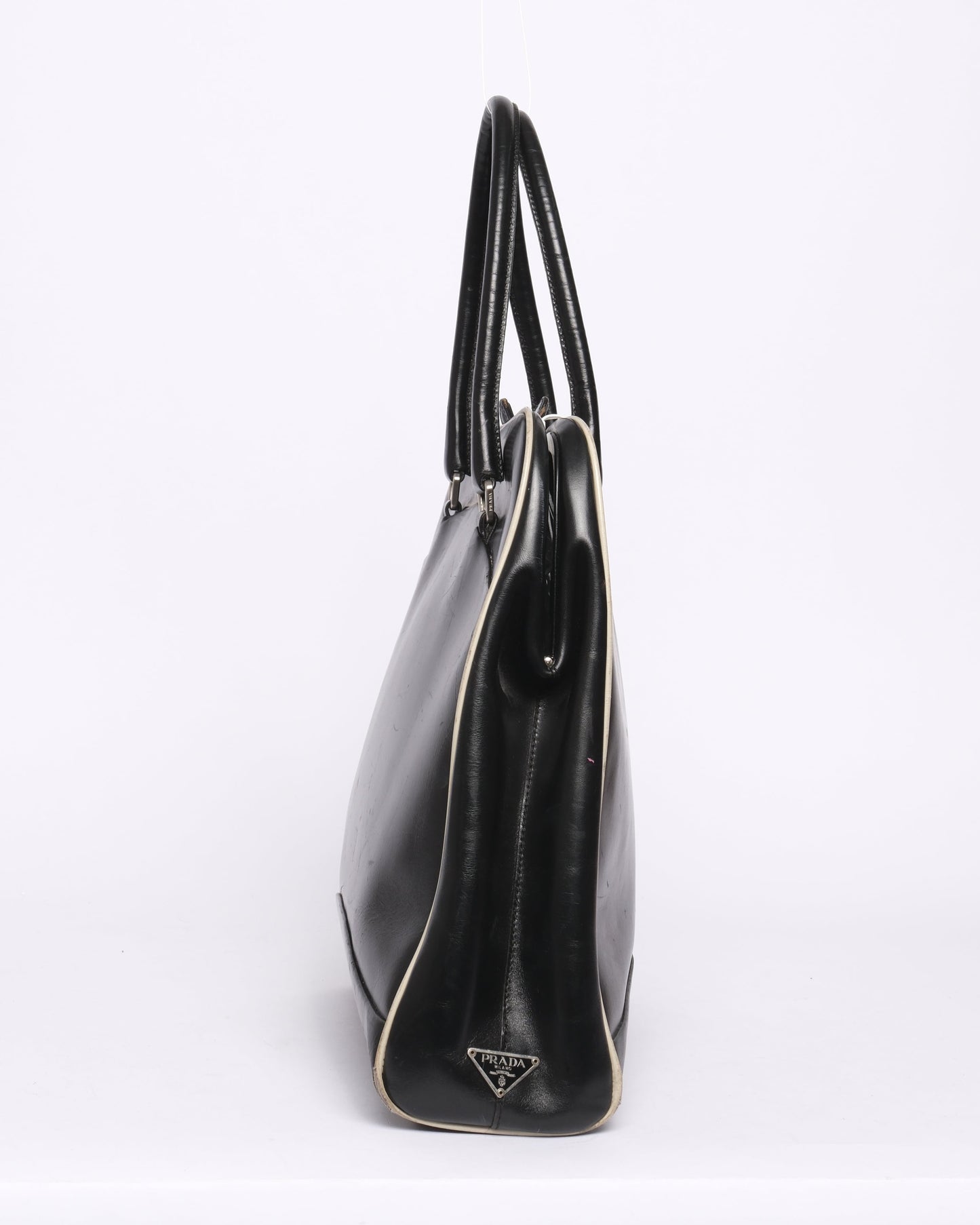 Prada Black & White Leather Top Handle Tote Bag