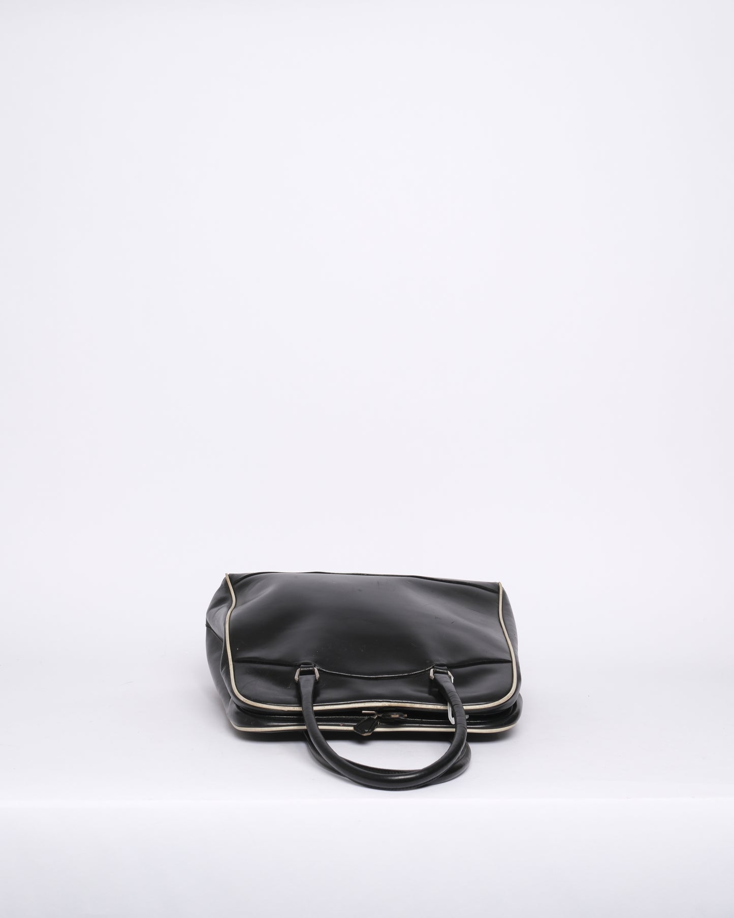Prada Black & White Leather Top Handle Tote Bag