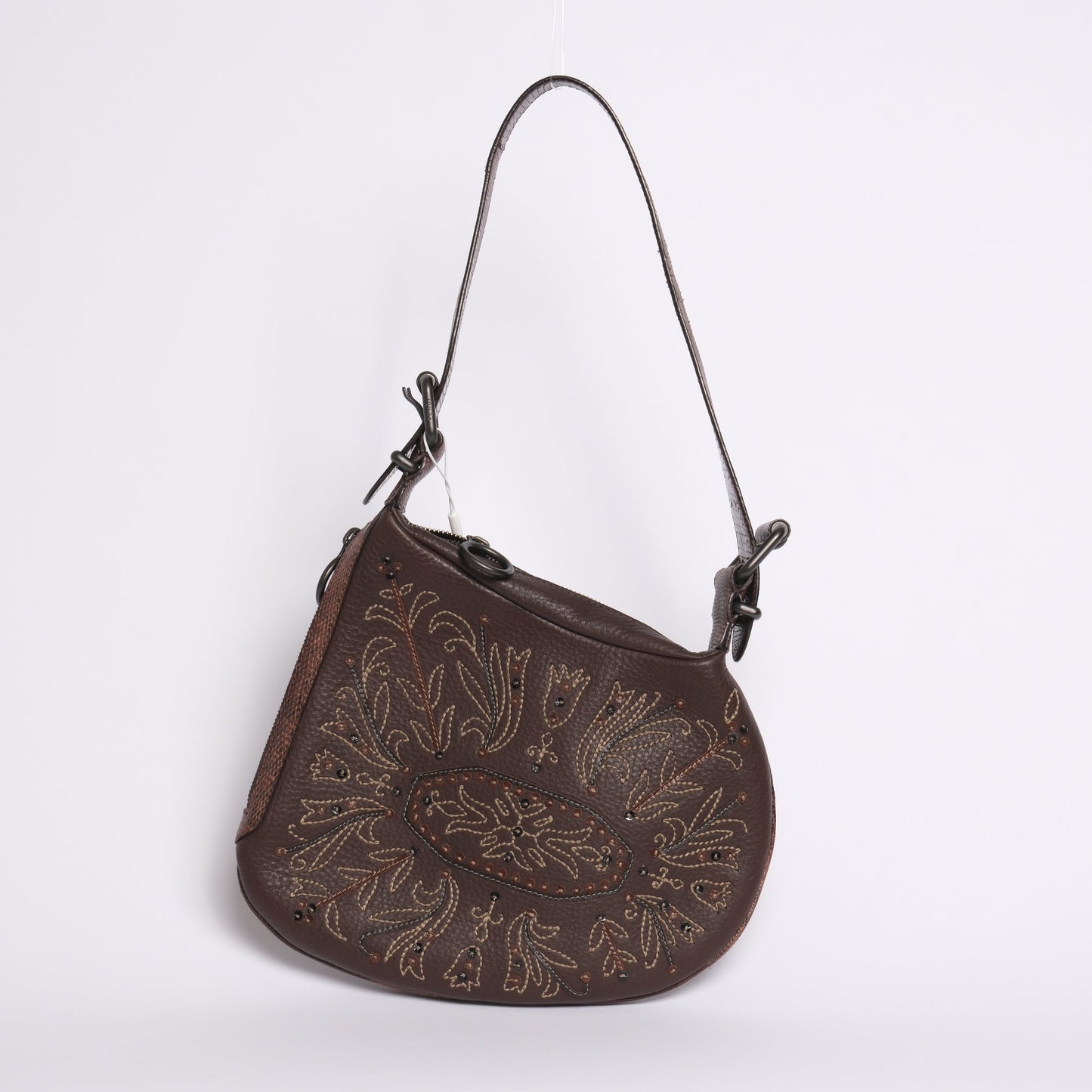 Fendi Brown Leather Embroidered Oyster Shoulder Bag