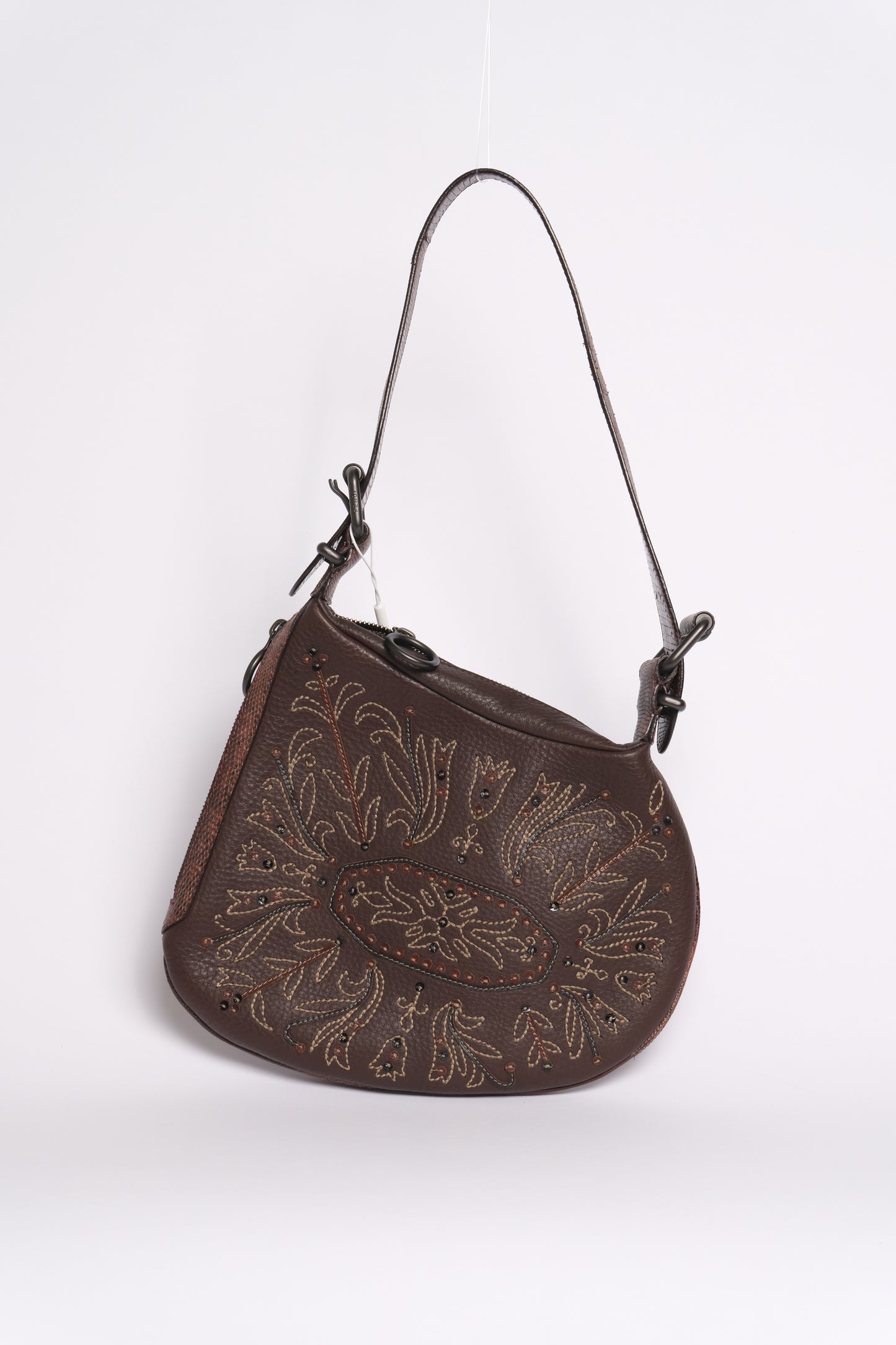 Fendi Brown Leather Embroidered Oyster Shoulder Bag